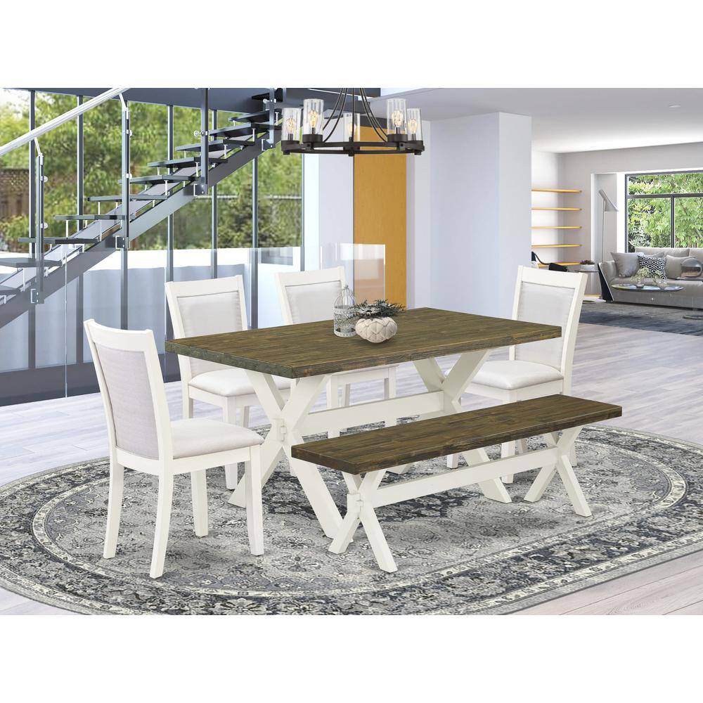 Alt View 3. East West Furniture - X076MZ001-6 6-Pc Table Set Consists of a Dining Table - 4 Cream Parson Chairs and a Wood Bench - Wire Brushed Linen - Multi-Color.
