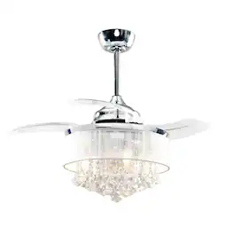 Parrot Uncle - 36" Retractable 3-blade Crystal Ceiling Fan Chandelier with Remote - Chrome