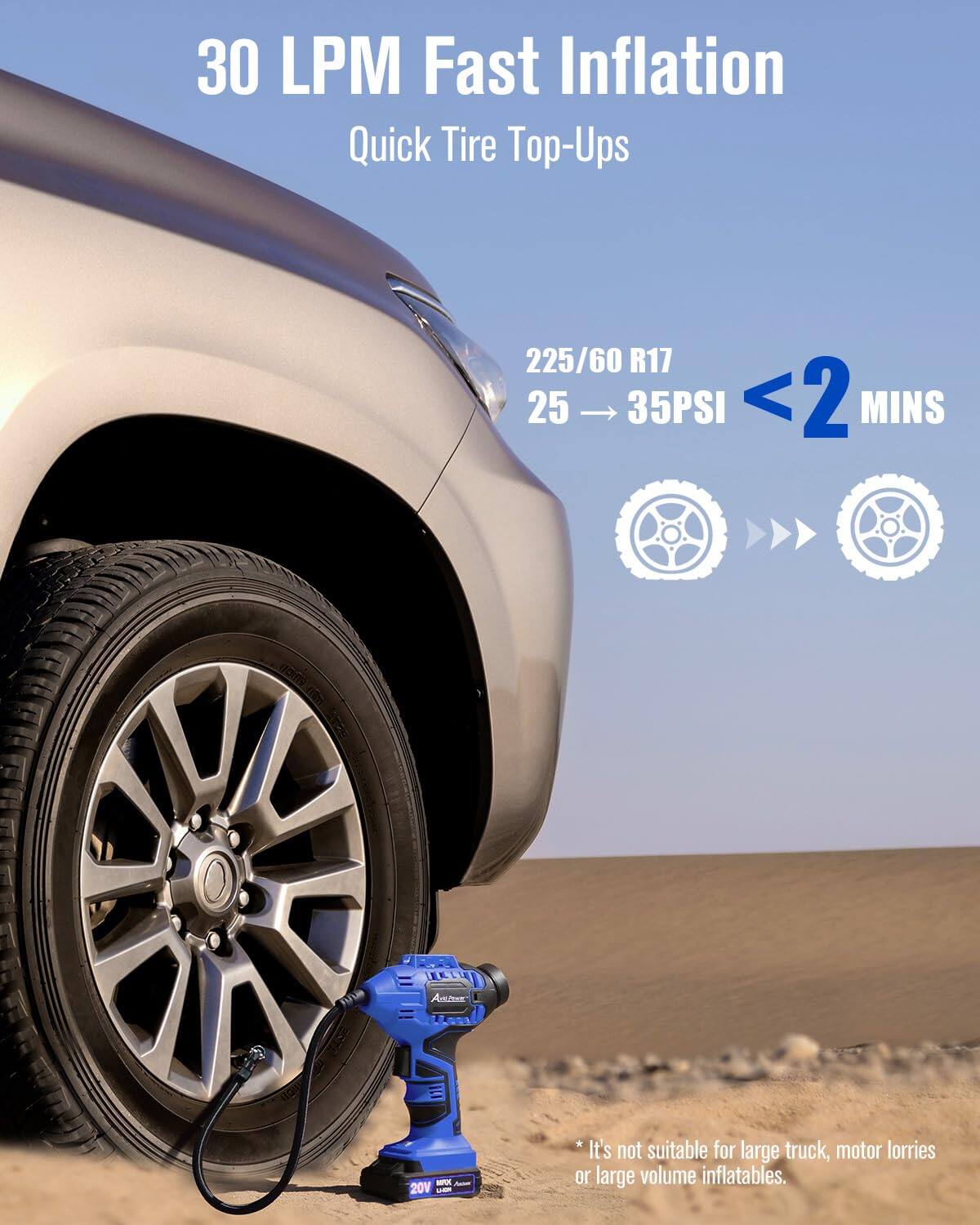 30 LPM Fast Inflation  
Quick Tire Top-Ups  

225/60 R17  
25 → 35PSI  
<2 MINS  

*It's not suitable for large truck, motor lorries or large volume inflatables.