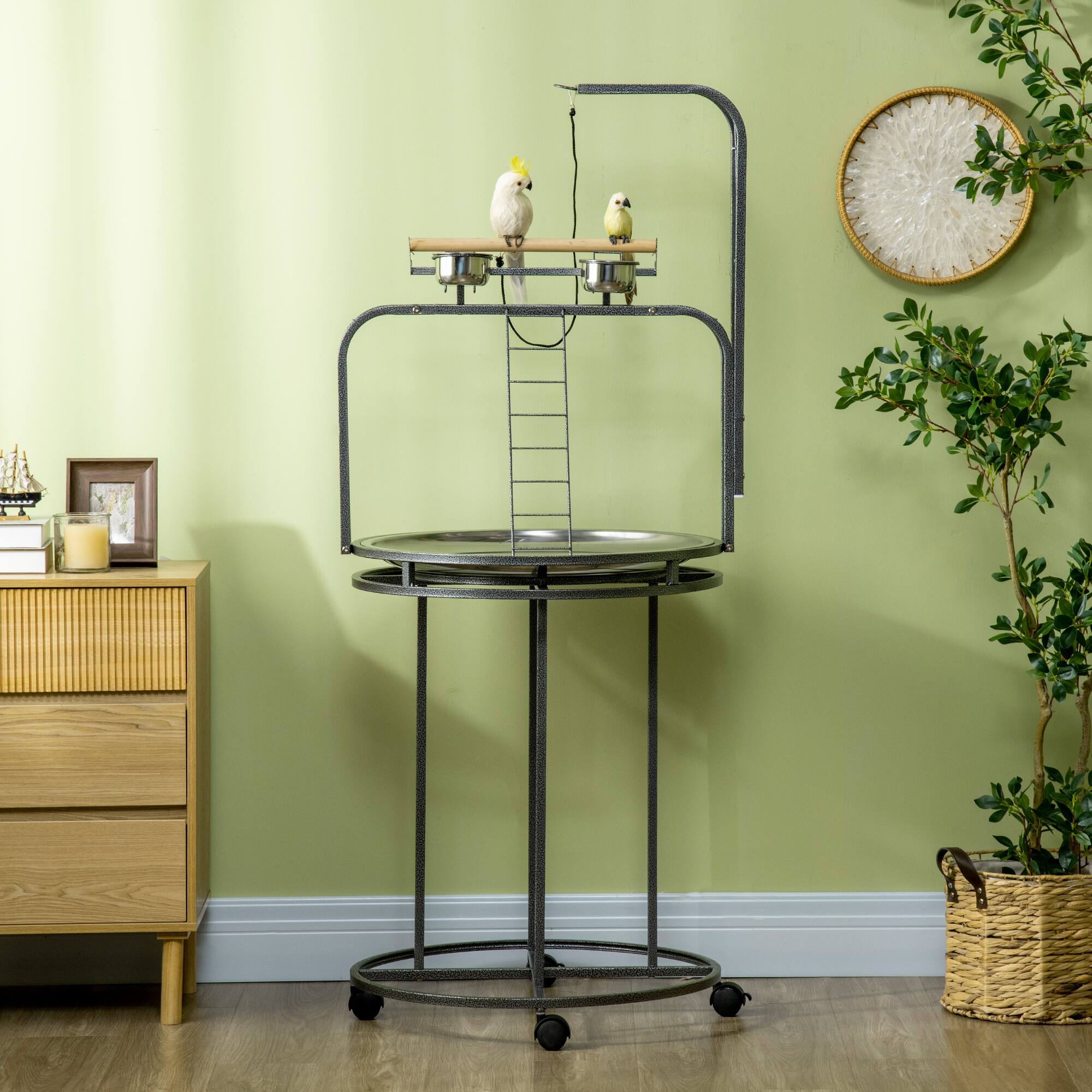 Alt View 4. Pawhut - Parrot Stand Large Bird Perch Stand with Toy Hook, 3 Ladders, Parrot Perch with Easy Grip, Bird Wooden Stand - gray.