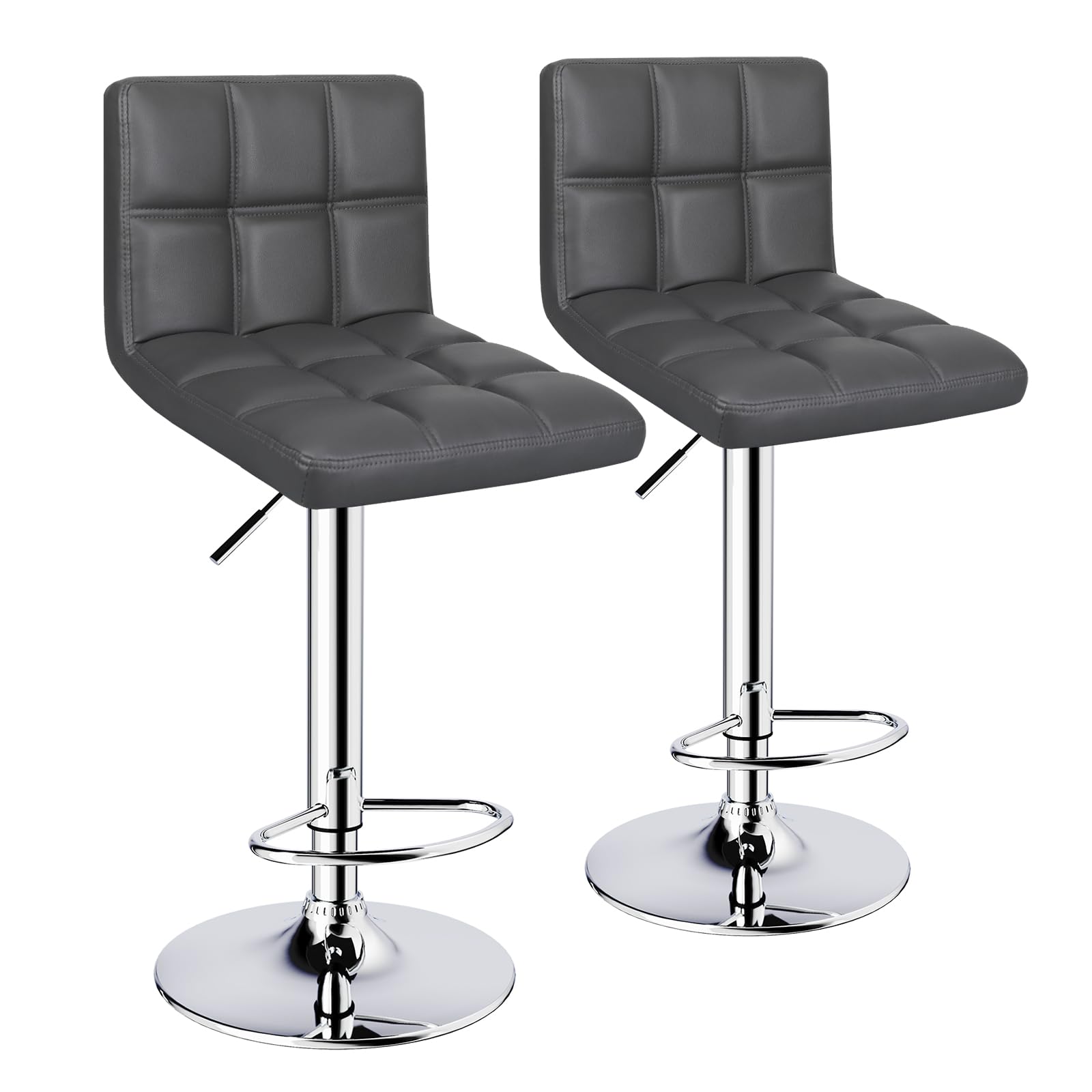 Front. JETRANSPORT - Bar Stools Set Of 2 Armless Adjustable Swivel Barstools With 6-squares Double Pu Leather Counter Height - Deep Grey.