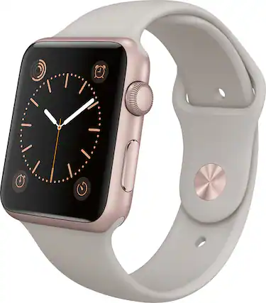Front. Apple - Apple Watch Sport 42mm Rose Gold Aluminum Case - Stone Sport Band.