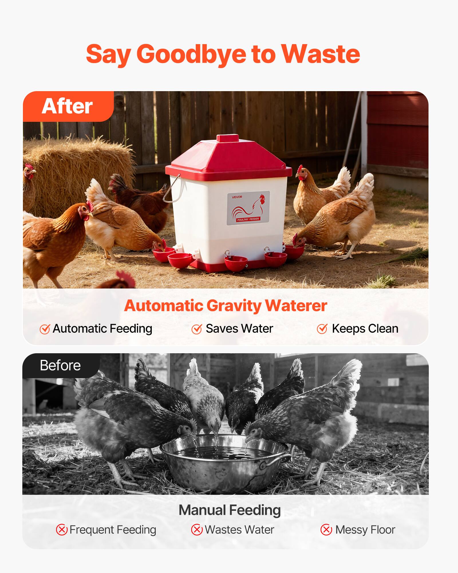 Say Goodbye to Waste

After

Automatic Gravity Waterer
- Automatic Feeding
- Saves Water
- Keeps Clean

Before

Manual Feeding
- Frequent Feeding
- Wastes Water
- Messy Floor