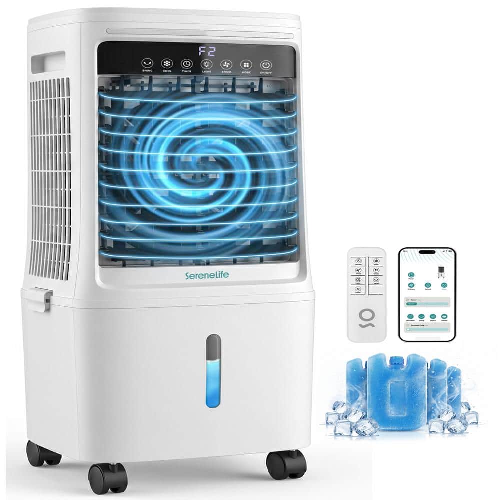 SereneLife - Smart Bladeless Tower Fan with Wi-Fi, 1700 CFM, 25L Tank, Remote & 4 Ice Packs Included - White
