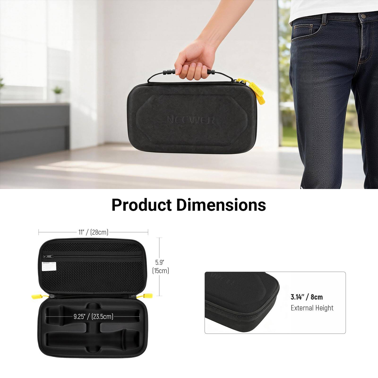 Product Dimensions

11" / (28cm)  
5.9" (15cm)  
9.25" / (23.5cm)  
3.14" / 8cm  

External Height