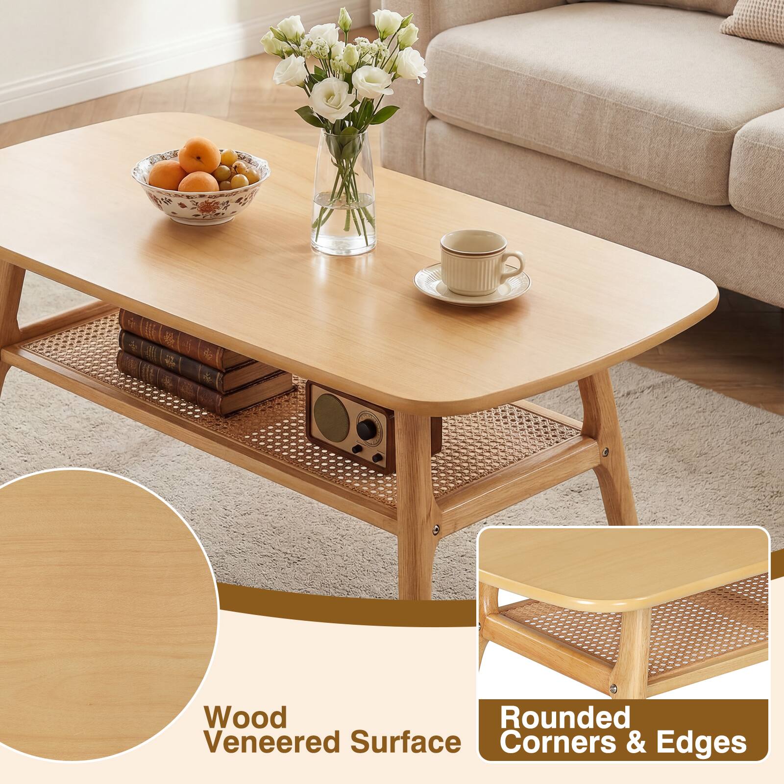 Wood Veneered Surface  
Rounded Corners & Edges