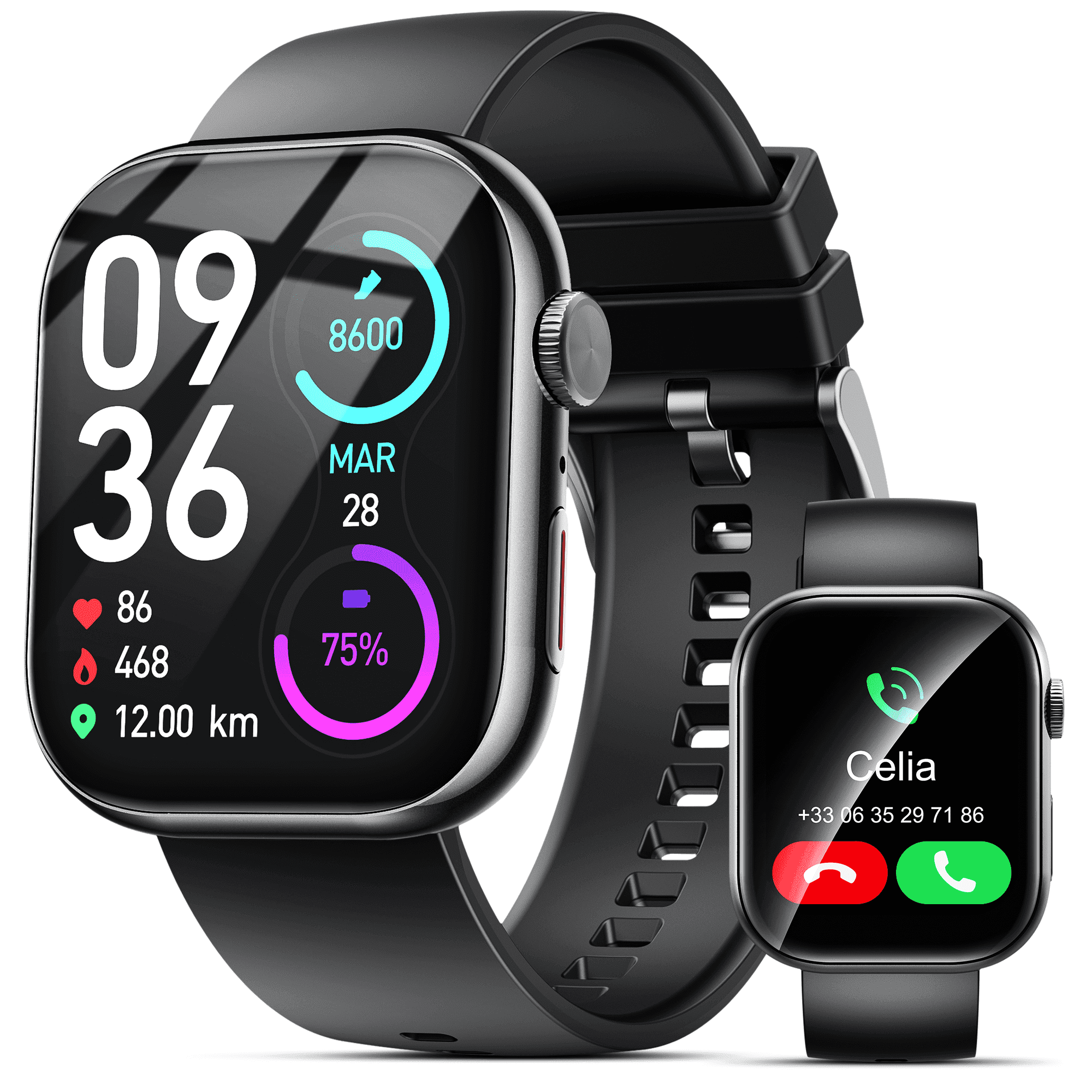VEAT00L - Unisex Smart Watch | 2.01" HD Touchscreen, Bluetooth Call, IP68 Waterproof, 180+ Sports Modes, iOS/Android - Black - (2025)