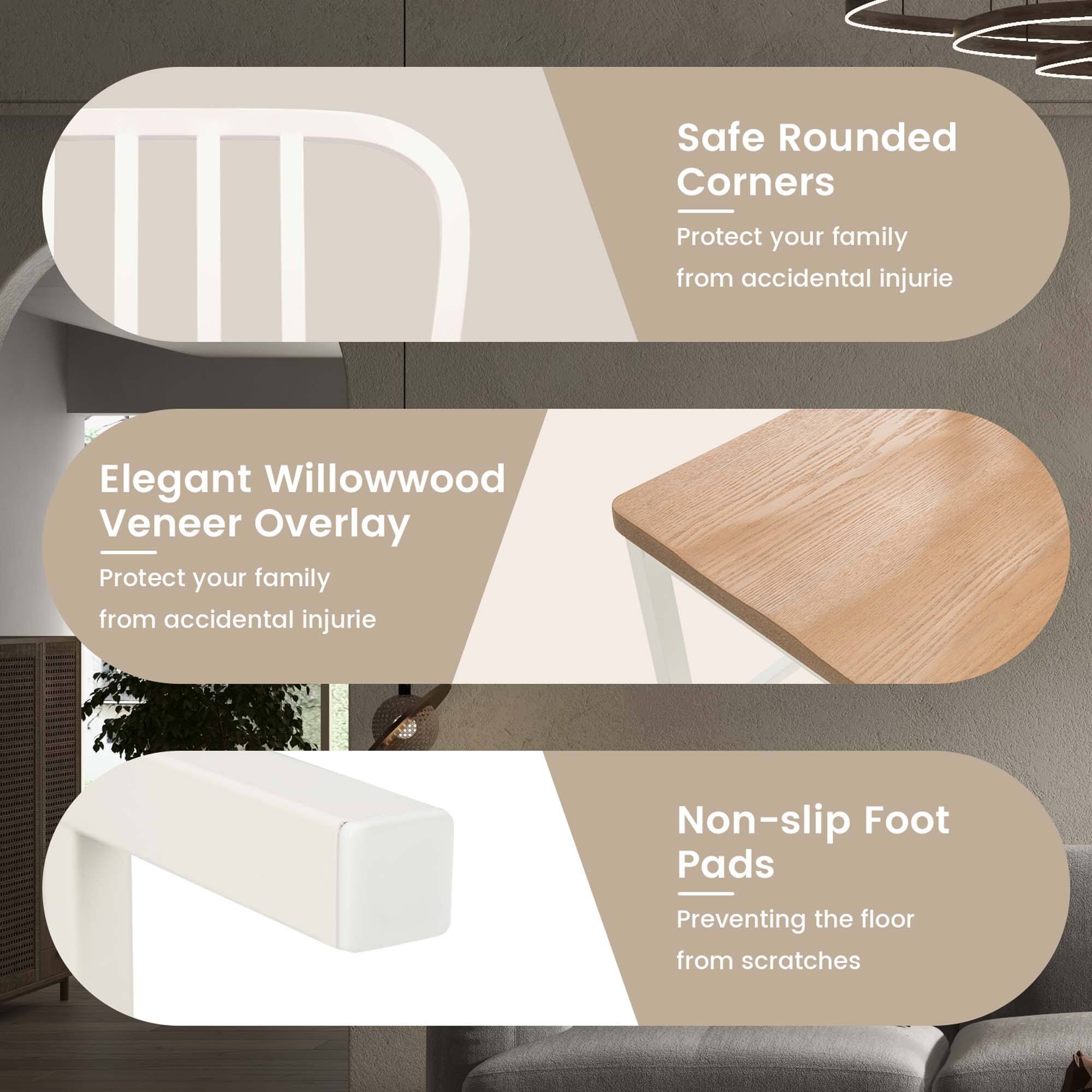 Group:

* Safe Rounded Corners
* Elegant Willowwood Veneer Overlay
* Non-slip Foot Pads

Corrected text:

* Safe Rounded Corners: Protect your family from accidental injuries.
* Elegant Willowwood Veneer Overlay: Protect your family from accidental injuries.
* Non-slip Foot Pads: Prevent the floor from scratches.