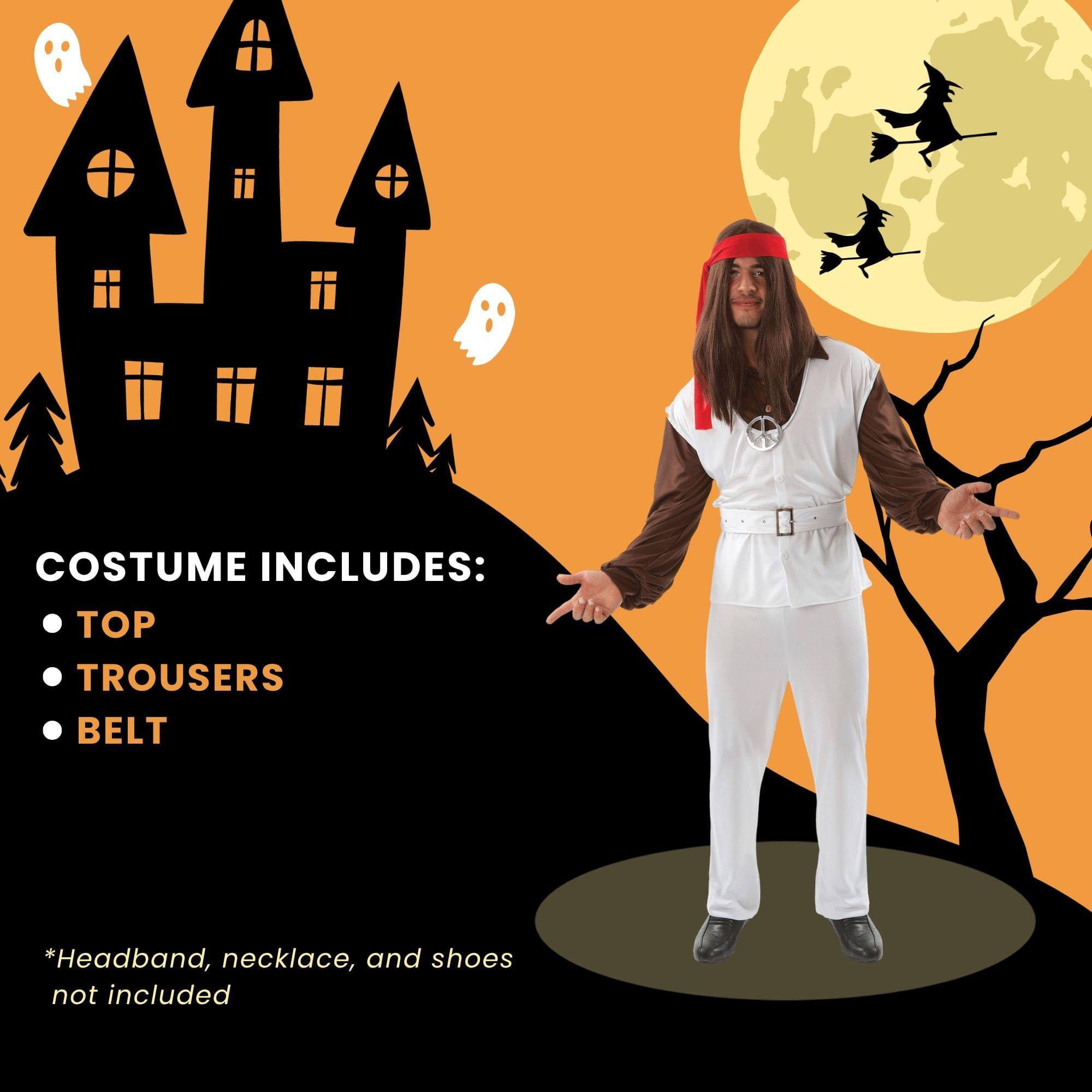 COSTUME INCLUDES:  
- TOP  
- TROUSERS  
- BELT  

*Headband, necklace, and shoes not included