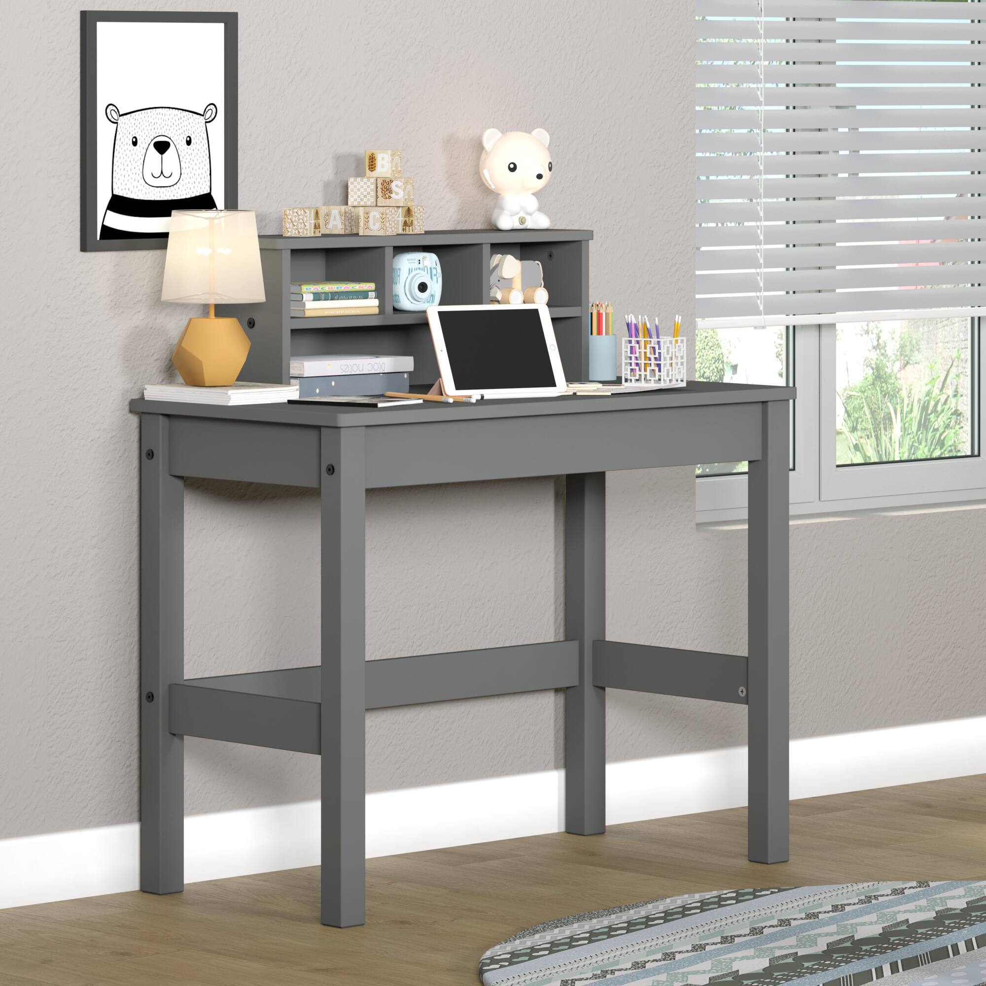 Alt View 1. GOODSILO - Gray Finish Writing Desk with Built-In Hutch and Cable Management System for Modern Office Workspace - Gray.