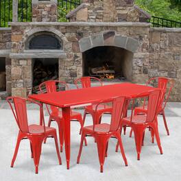 Emma + Oliver - Commercial Grade Rectangular Metal Indoor-Outdoor Table Set with 6 Stack Chairs - Red