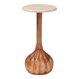 bali & pari - Usama End Table with Marble Stone Top - Sculpted Pedestal Accent Side Table for Living Room or Entryway - Cream/Antique Brown