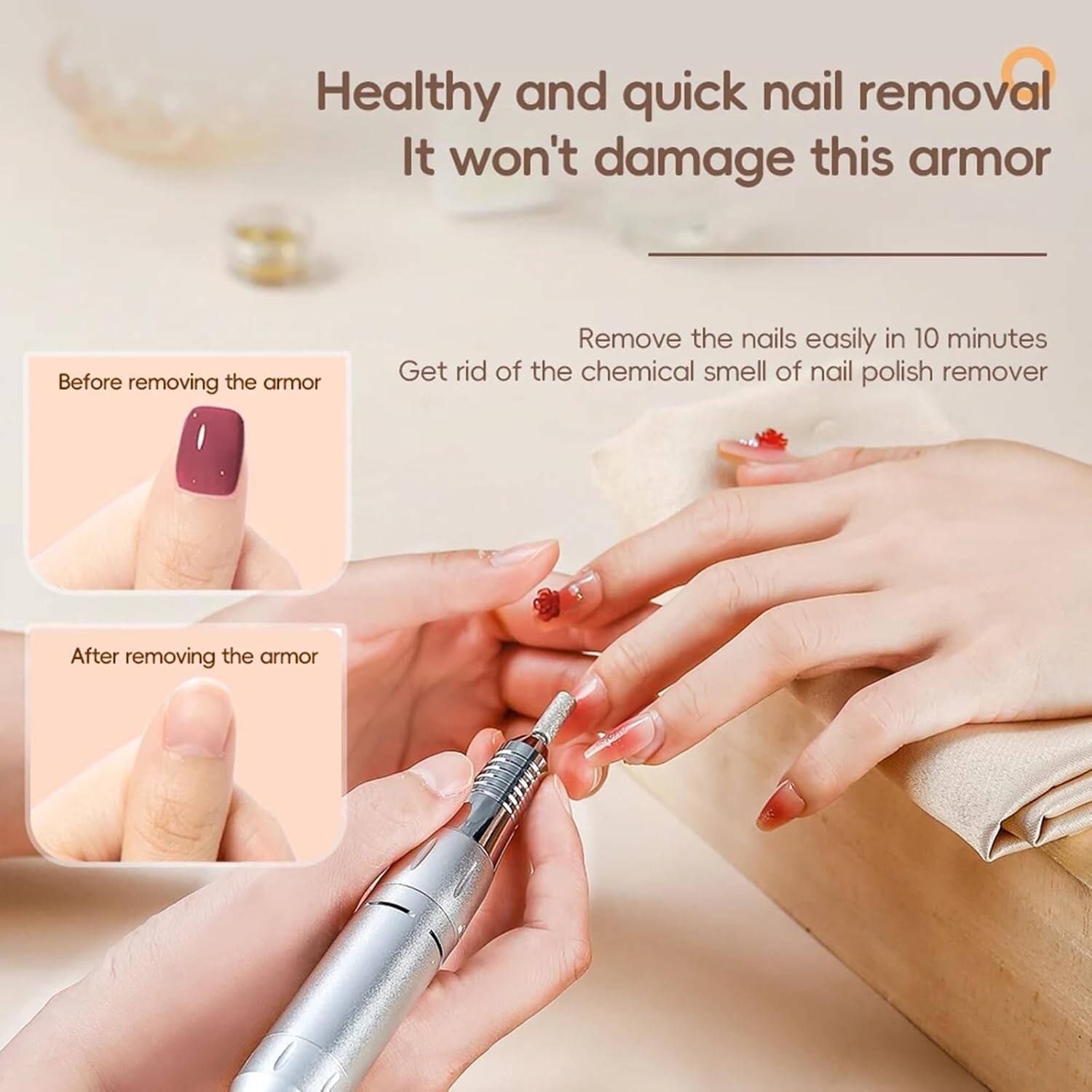 Healthy and quick nail removal  
It won't damage this armor  

Before removing the armor  

Remove the nails easily in 10 minutes  
Get rid of the chemical smell of nail polish remover  

After removing the armor