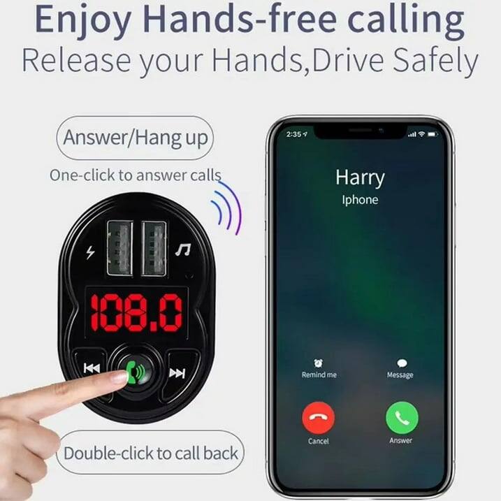 Enjoy Hands-free calling  
Release your Hands, Drive Safely  

Answer/Hang up  
One-click to answer calls  

Double-click to call back  

Harry  
Iphone  

Remind me  
Message  

Cancel  
Answer