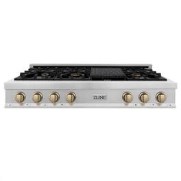 ZLINE - Autograph 48 in. Legacy Gas Rangetop with 7 Burners and Porcelain Cooktop in Satin Stainless with Champagne Accents - Satin Stainless Steel