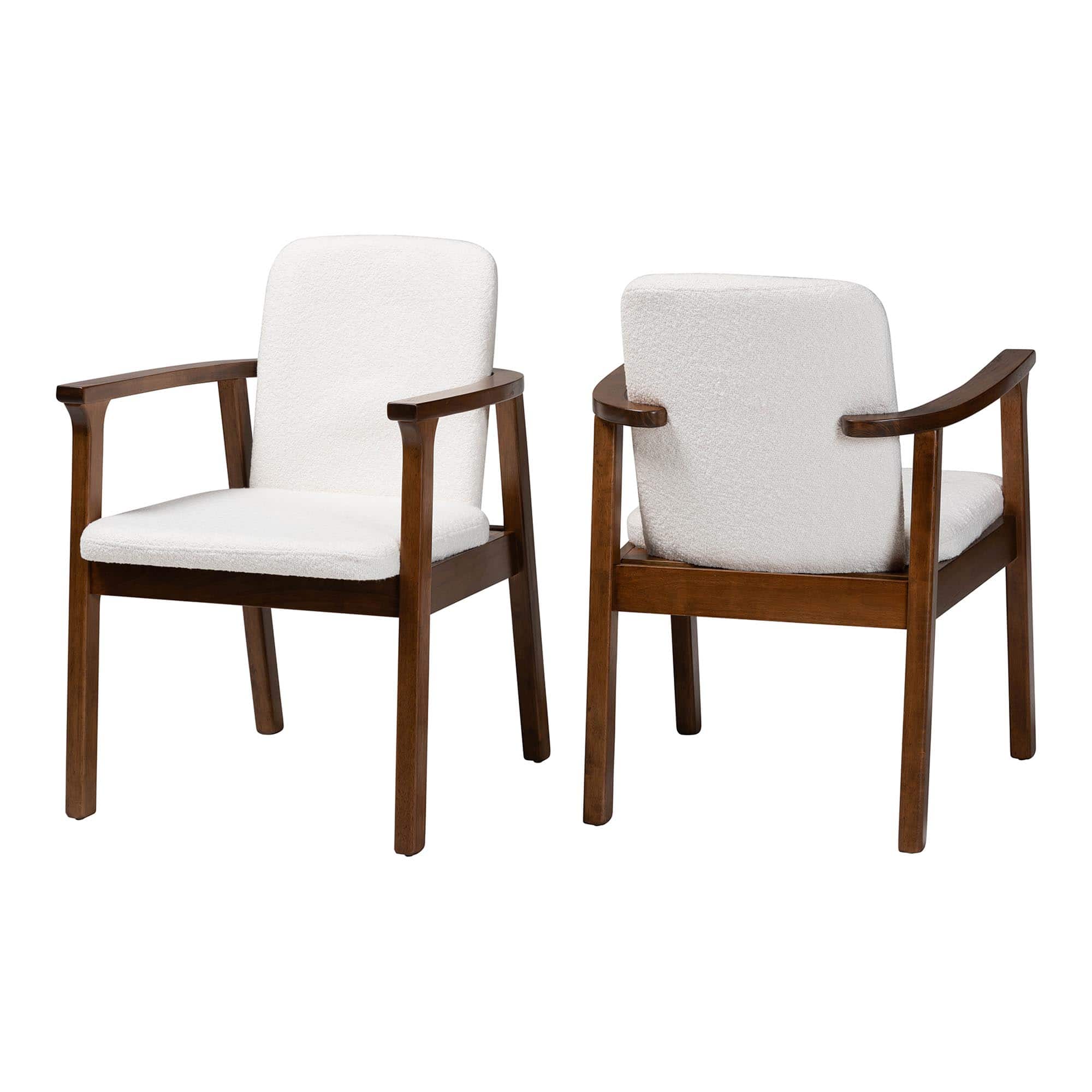 Baxton Studio - Miyagi Boucle Upholstered Dining Chair Set of 2- Mid-Century Modern Armchair with Solid Wood Frame and Rounded Backrest - White/Walnut Brown