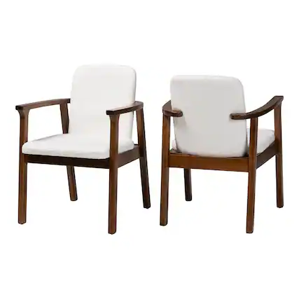 Front. Baxton Studio - Miyagi Boucle Upholstered Dining Chair Set of 2- Mid-Century Modern Armchair with Solid Wood Frame and Rounded Backrest - White/Walnut Brown.