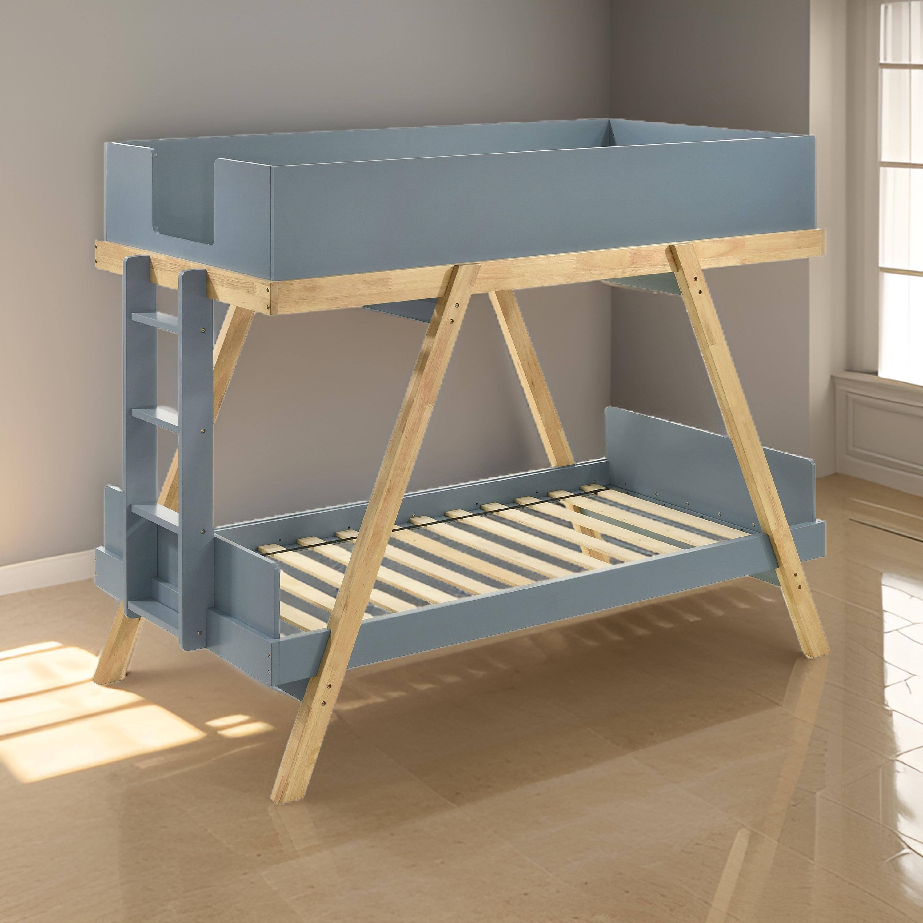 Alt View 5. Manhattan Lane - Anky Twin Size Bunk Bed, Brown Wood Frame, 3 Side Panel Security - Blue, Brown.