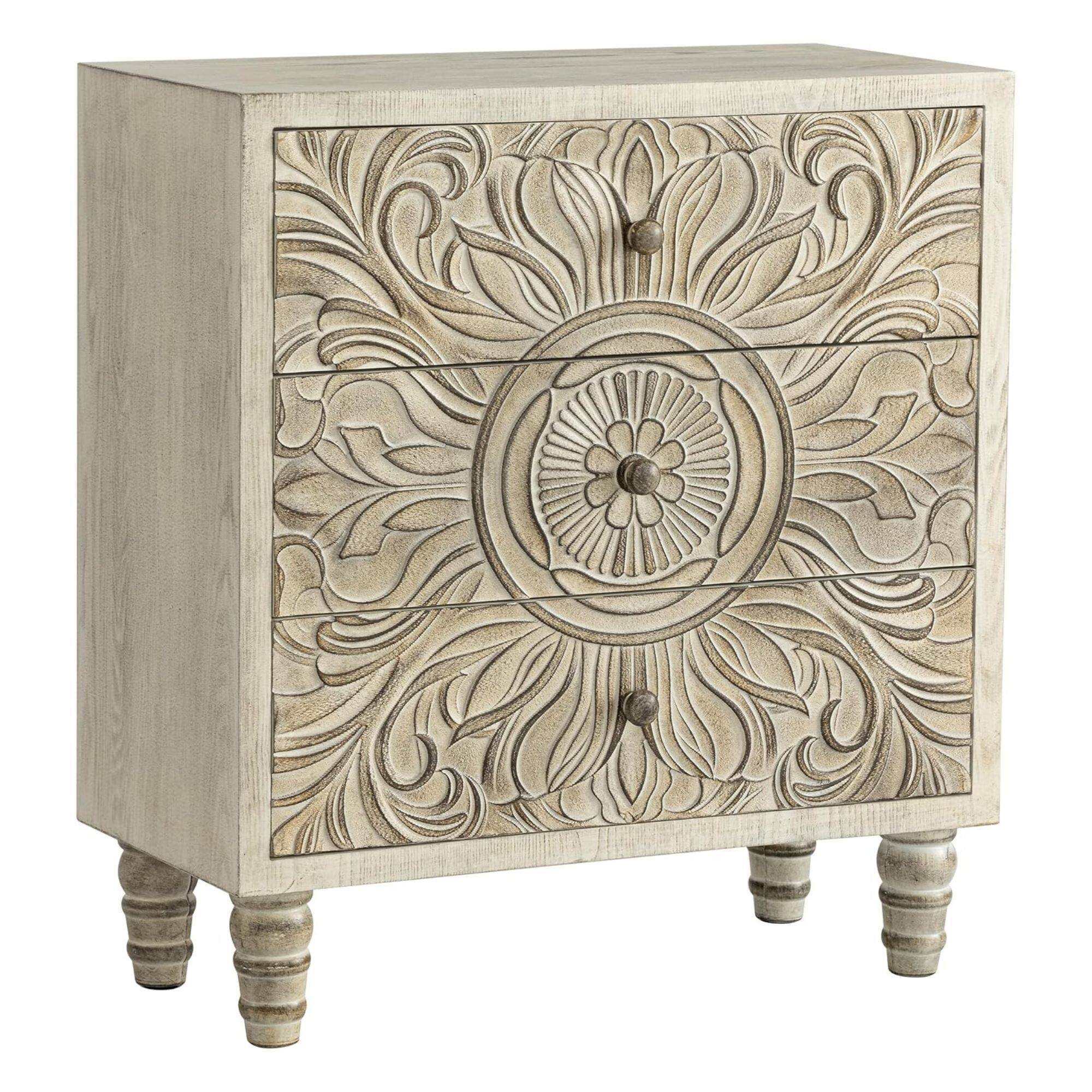 Front. COZAYH - COZAYH Farmhouse 3 Drawer Home Bedroom Dresser with Embossed Flower Motif Front - White.