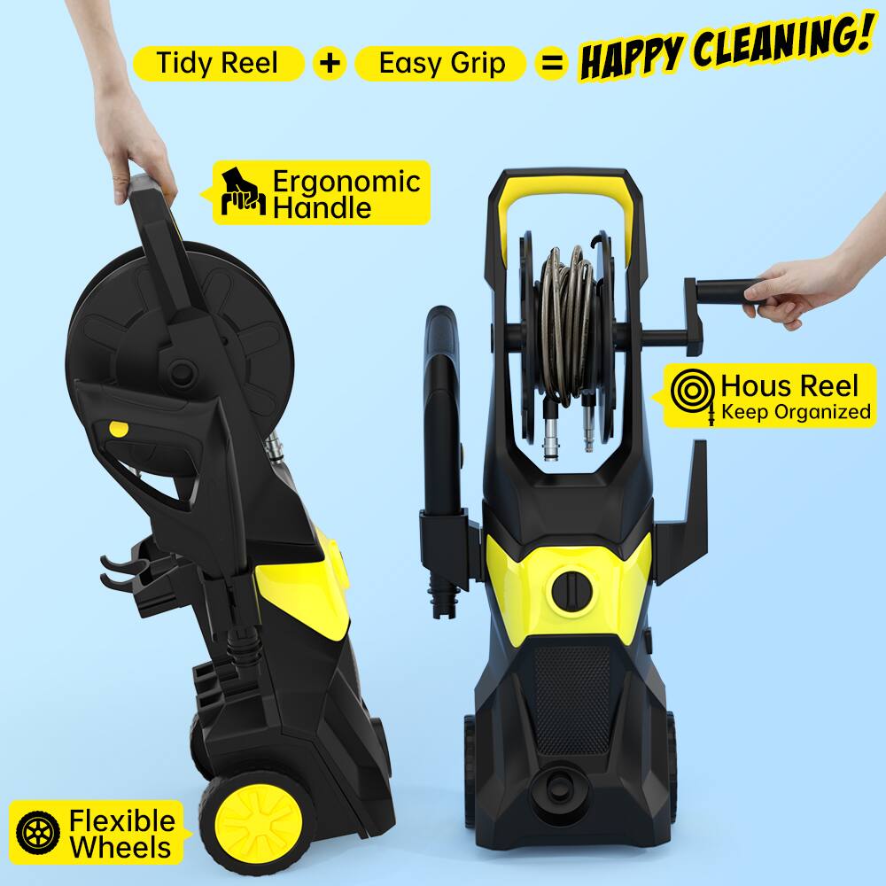 Tidy Reel + Easy Grip = HAPPY CLEANING!  
Ergonomic Handle  
Hous Reel Keep Organized  
Flexible Wheels