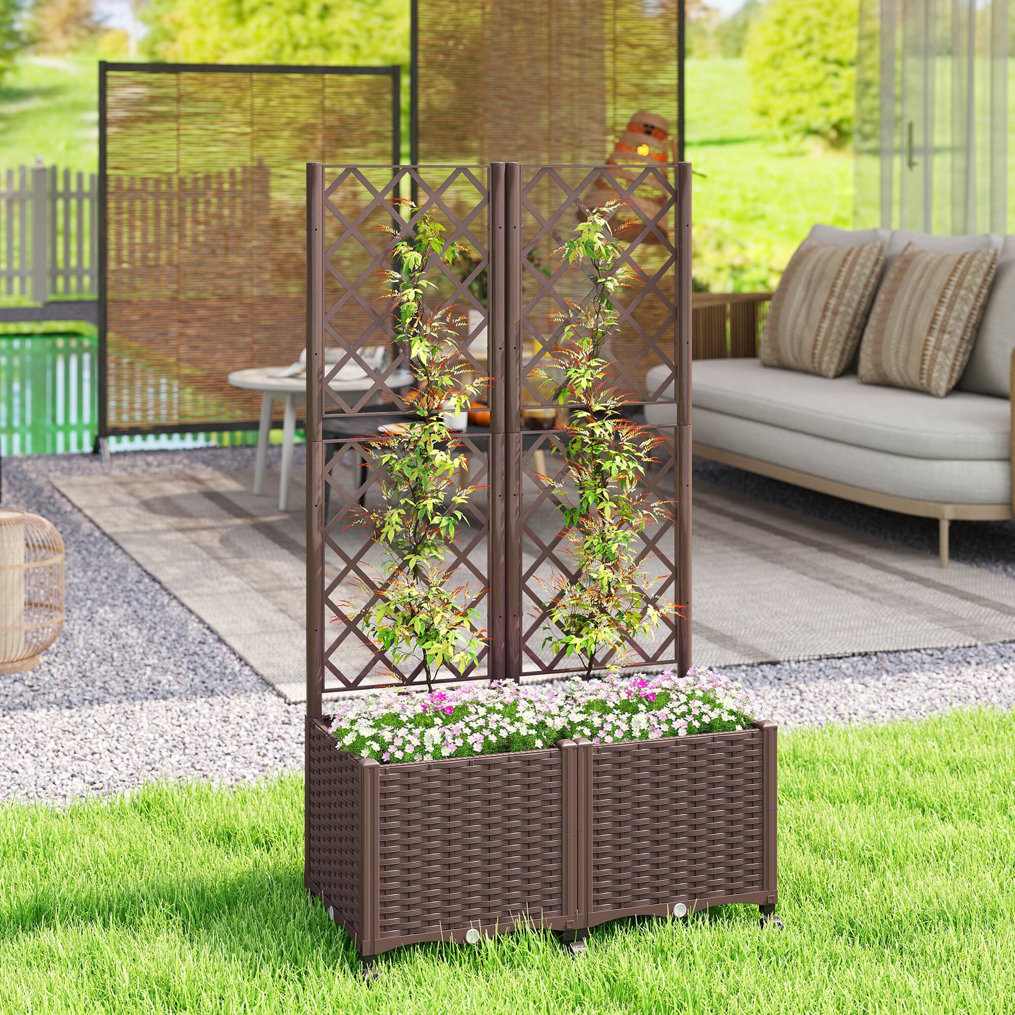 Alt View 1. Outsunny - Planter Box with Trellis, Self Watering Raised Garden Bed with Lockable Wheels, 56.3" Trellis Privacy Planter.
