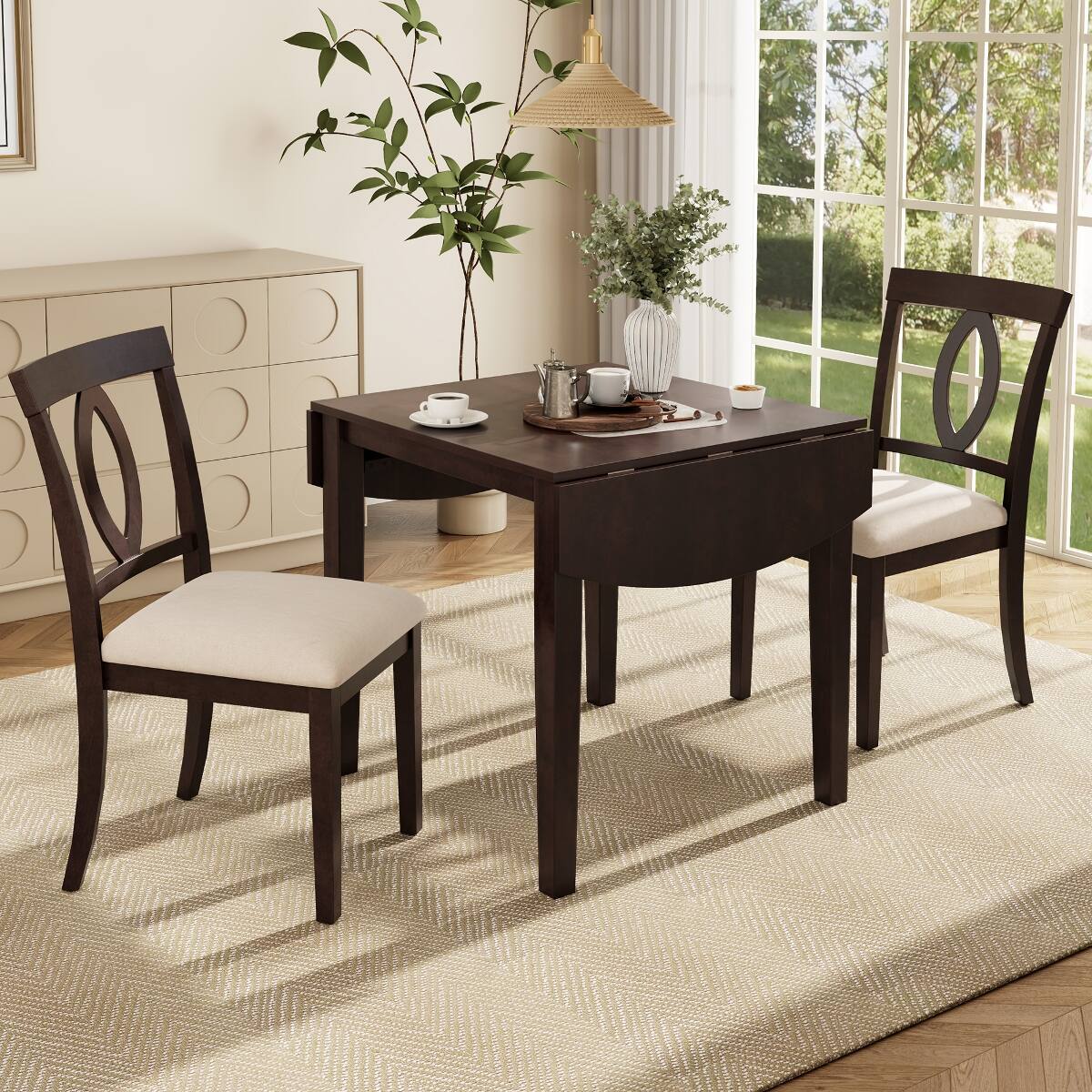 Front. Loheer - Loheer Drop Leaf Dining Table Set with Upholstered Chairs, Small Space Dining Set for 2 - Dark Brown and Beige.