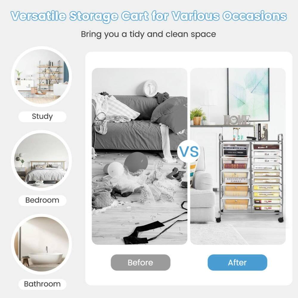Versatile Storage Cart for Various Occasions  
Bring you a tidy and clean space

Study  
Bedroom  
Bathroom

Before  
VS  
After