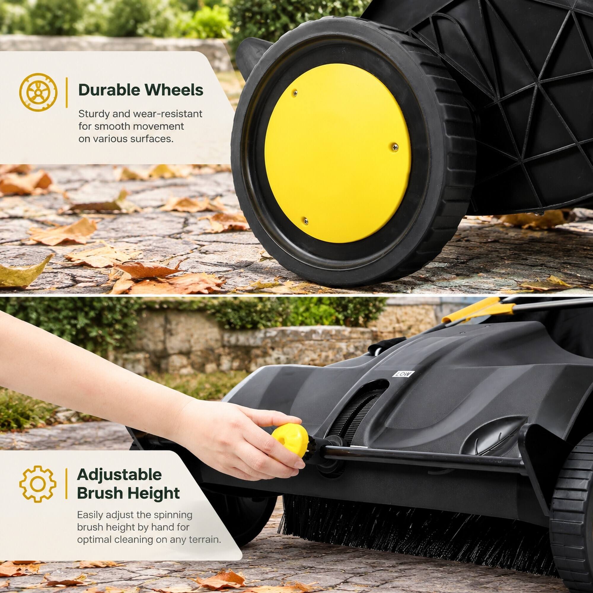 Durable Wheels
Sturdy and wear-resistant for smooth movement on various surfaces.

Adjustable Brush Height
Easily adjust the spinning brush height by hand for optimal cleaning on any terrain.
