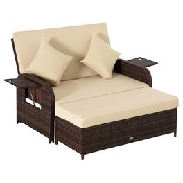 Outsunny - Patio Rattan Daybed with Cushions, Wicker Outdoor Bed Lounger w/ Loveseat, Storage Ottoman, Coffee & Side Tables - Beige