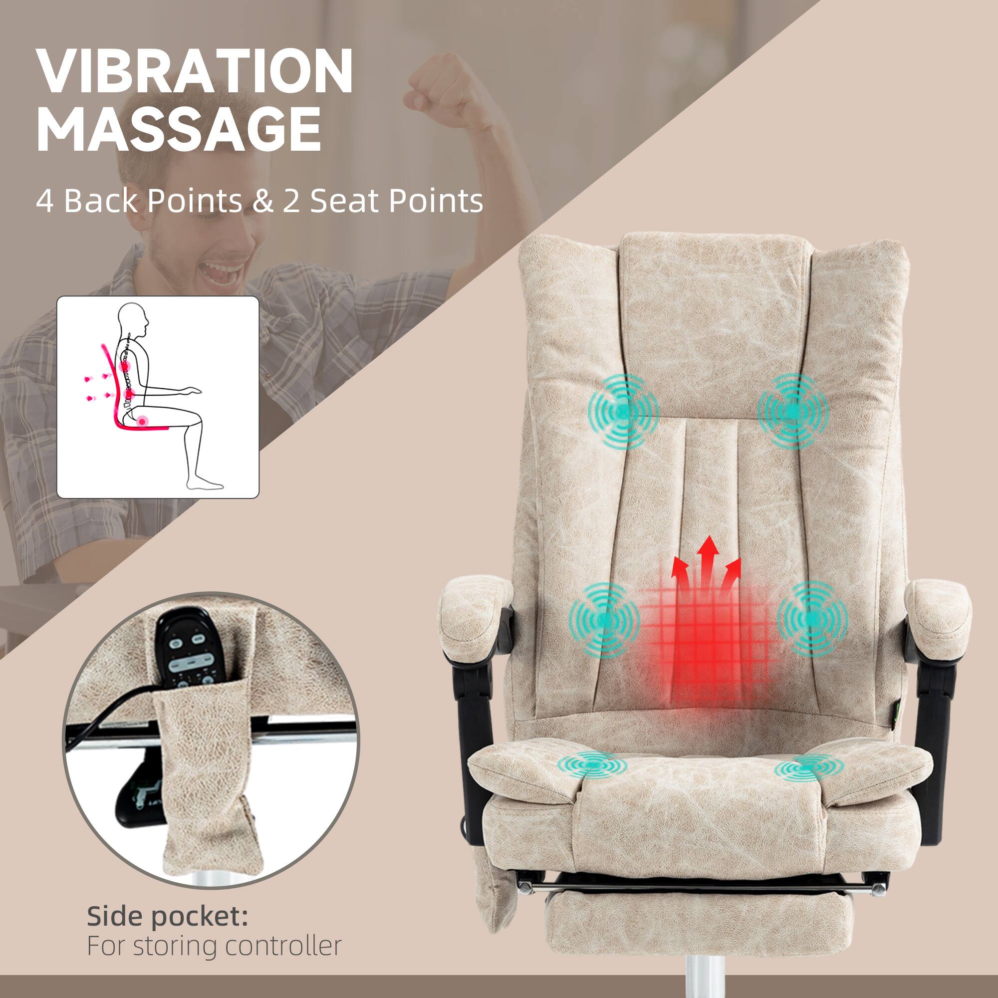 VIBRATION MASSAGE
4 Back Points & 2 Seat Points
Side pocket: For storing controller