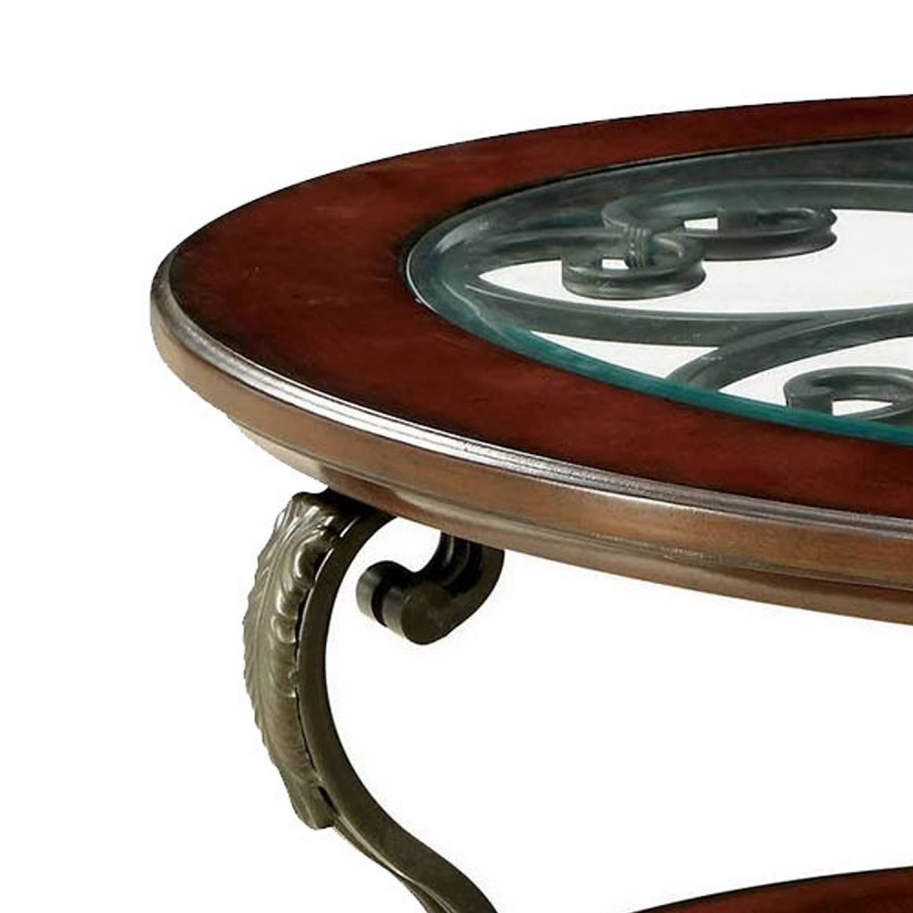 Angle. Manhattan Lane - 48 Inch Oval Coffee Table, Glass Top, Scrolled Metal Legs, Cherry Brown - Brown.