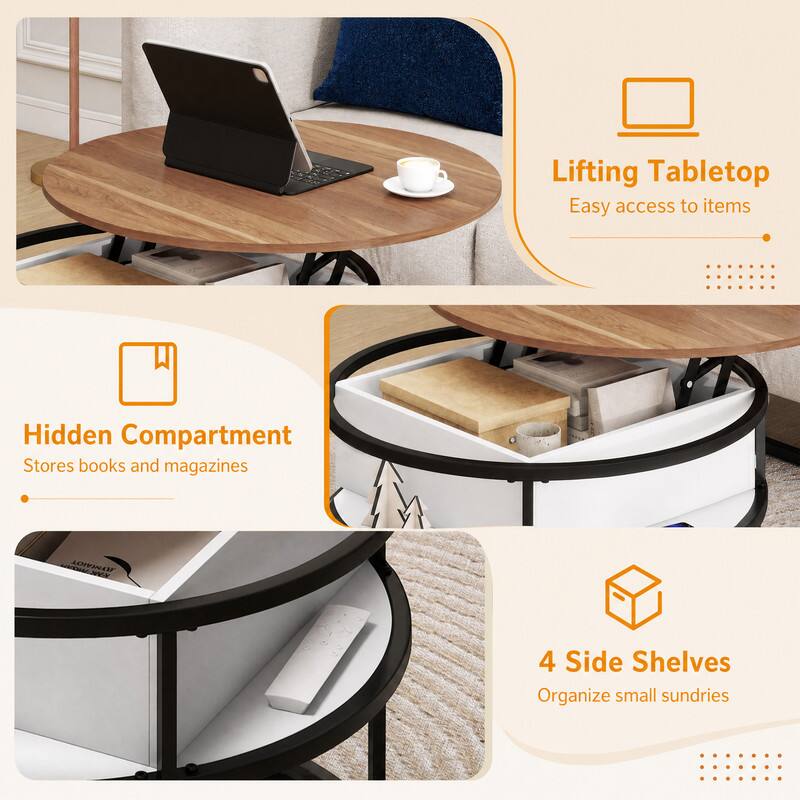 Lifting Tabletop  
Easy access to items

Hidden Compartment  
Stores books and magazines

4 Side Shelves  
Organize small sundries