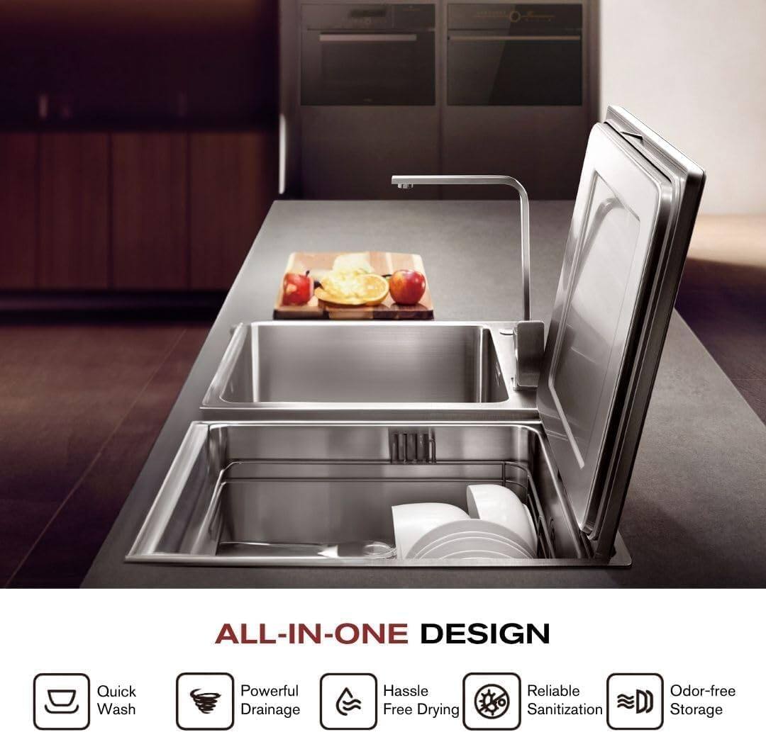 The text on the image reads: "All-in-One Design Quick Wash Powerful Drainage Hassle Free Drying Reliable Sanitization Odor-free Storage."