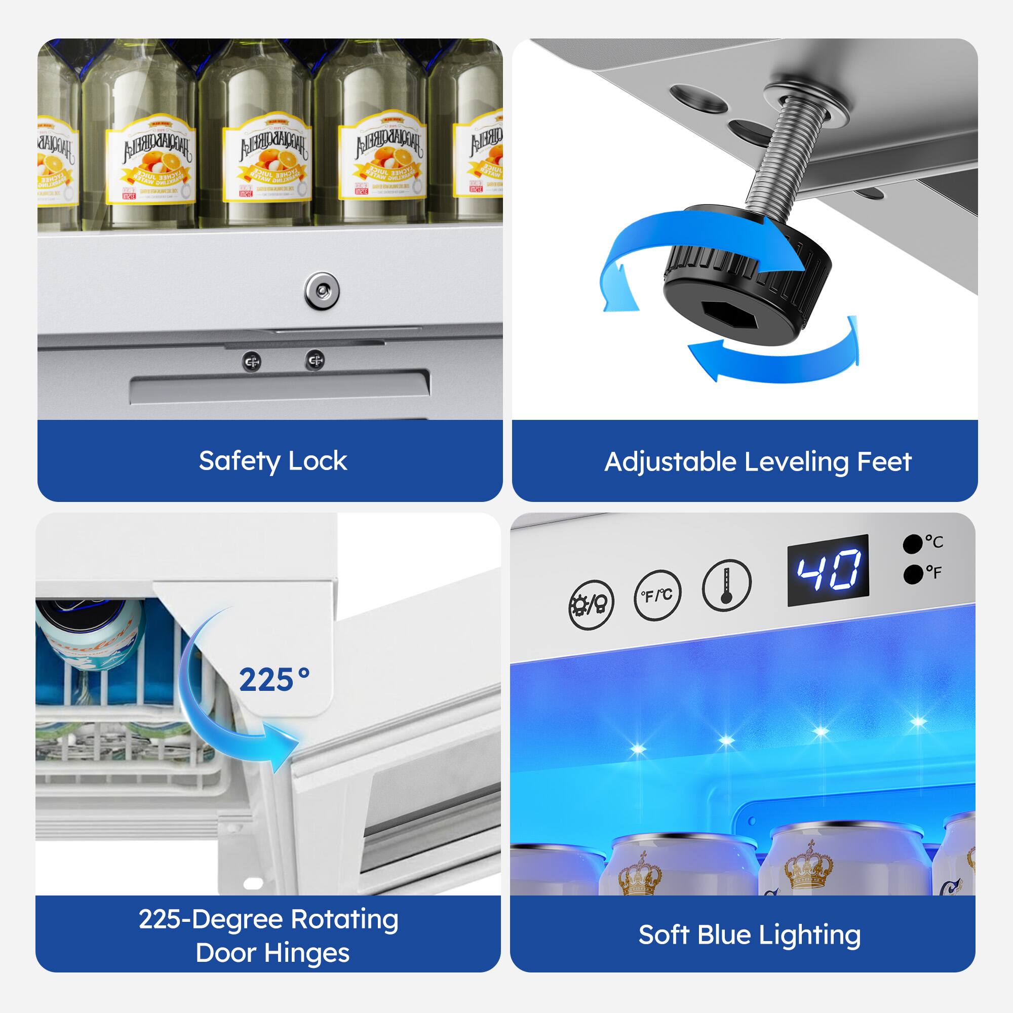 Safety Lock Adjustable Leveling Feet 225-Degree Rotating Door Hinges Soft Blue Lighting