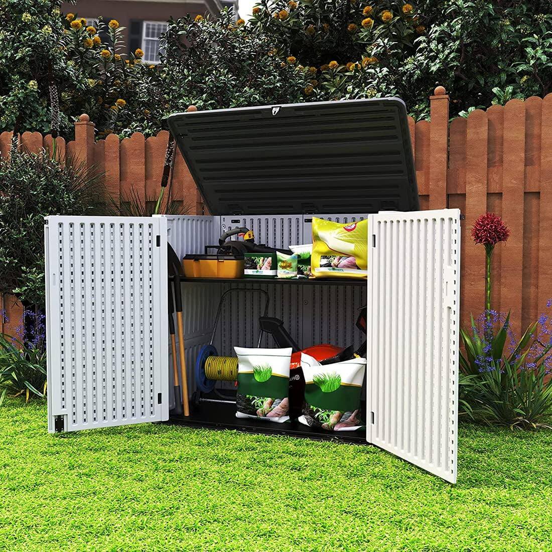 Left. Yardgrace - 48 Cu.ft Horizontal Outdoor Storage Shed, Weather Resistant for Garden Patio Backyard, Store Garbage Cans Lawn Mower - white.