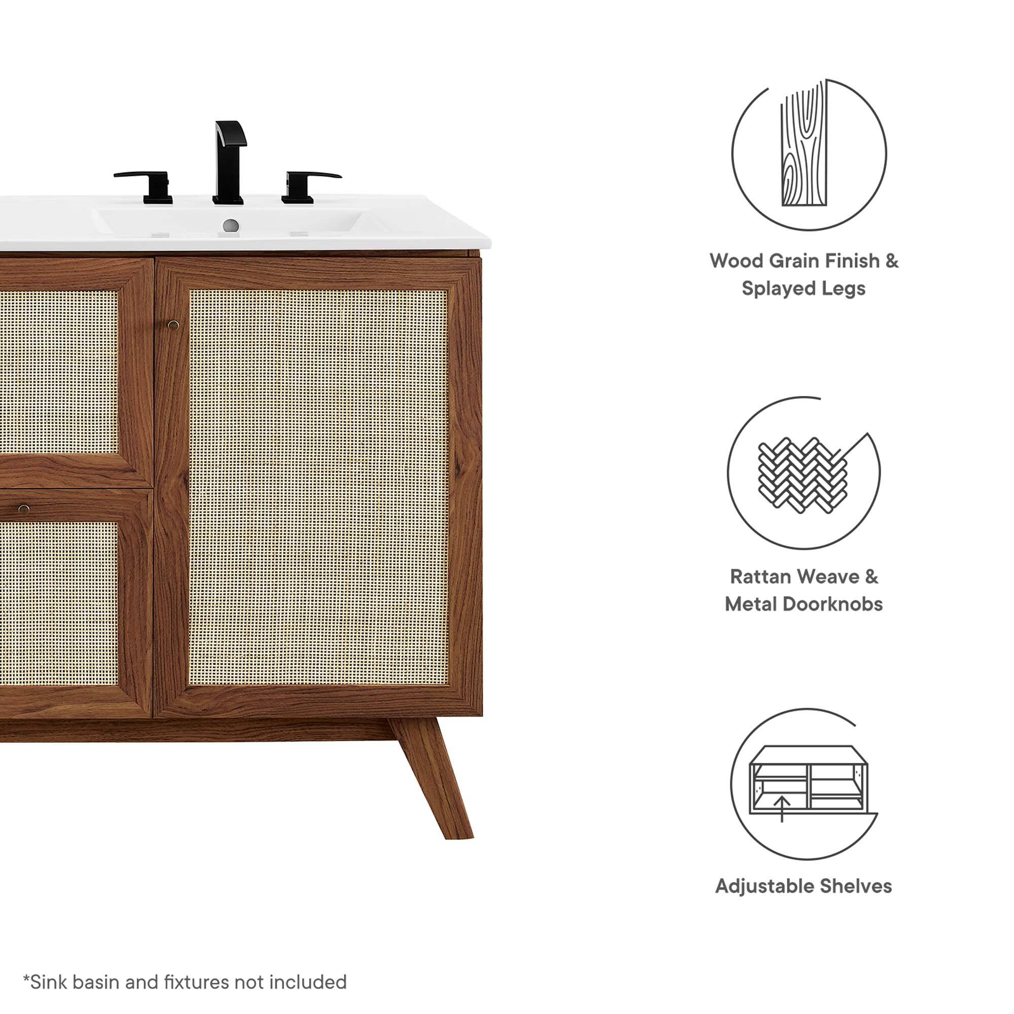 Wood Grain Finish & Splayed Legs  
Rattan Weave & Metal Doorknobs  
Adjustable Shelves  

*Sink basin and fixtures not included