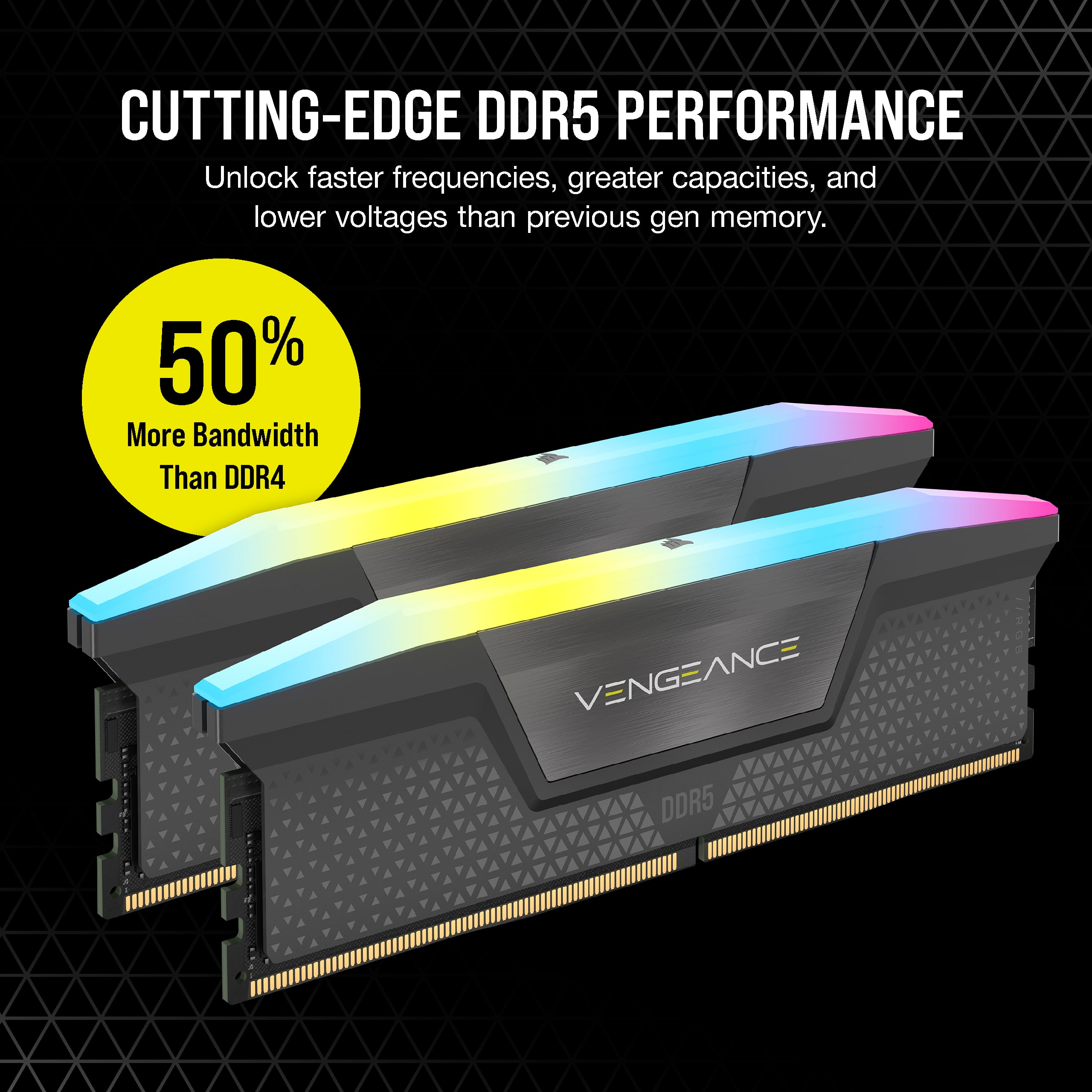 CUTTING-EDGE DDR5 PERFORMANCE Unlock faster frequencies, greater capacities, and lower voltages than previous gen memory. 50% More Bandwidth Than DDR4 VENGEANCE DDR5