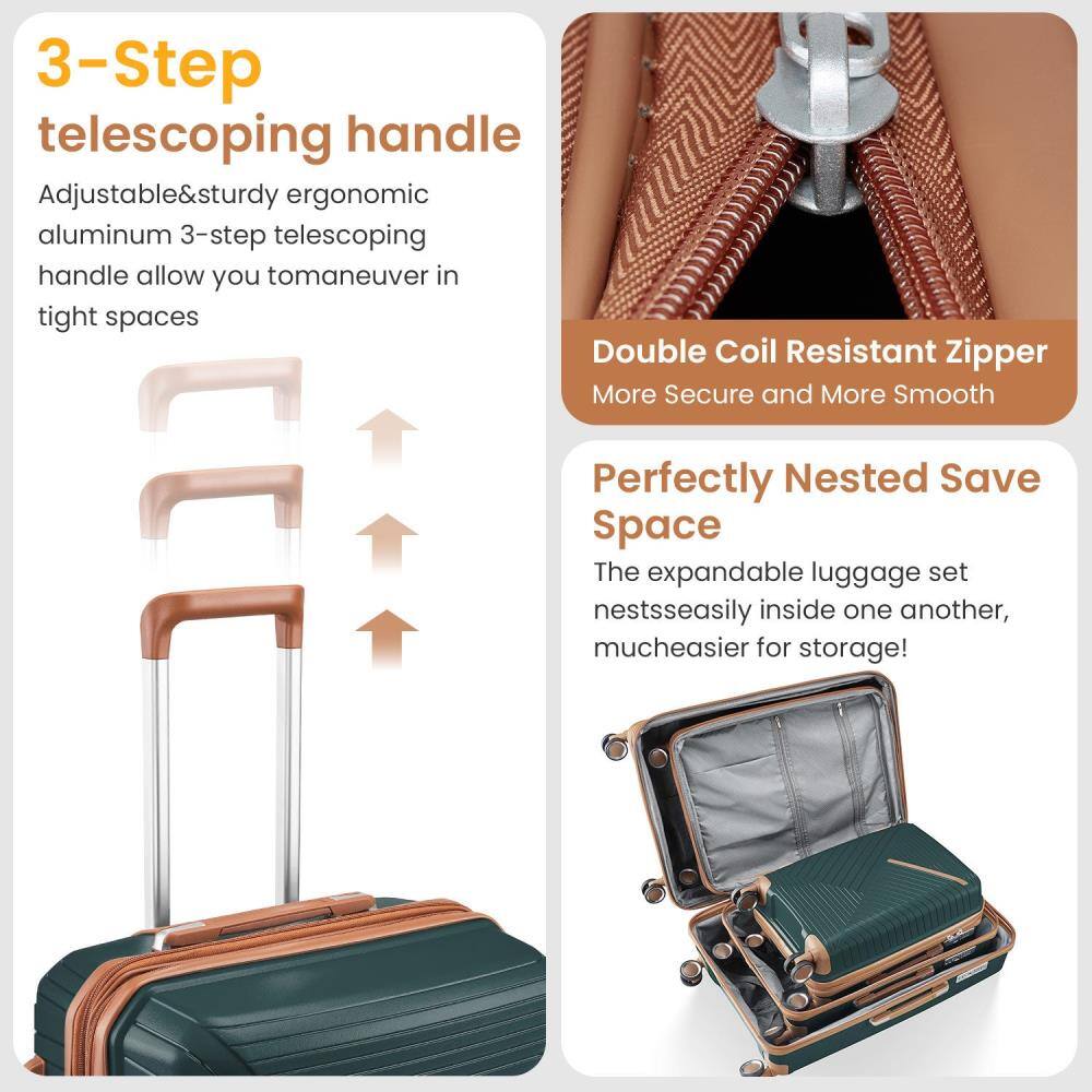 3-Step telescoping handle  
Adjustable & sturdy ergonomic aluminum 3-step telescoping handle allows you to maneuver in tight spaces  

Double Coil Resistant Zipper  
More Secure and More Smooth  

Perfectly Nested Save Space  
The expandable luggage set nests easily inside one another, much easier for storage!