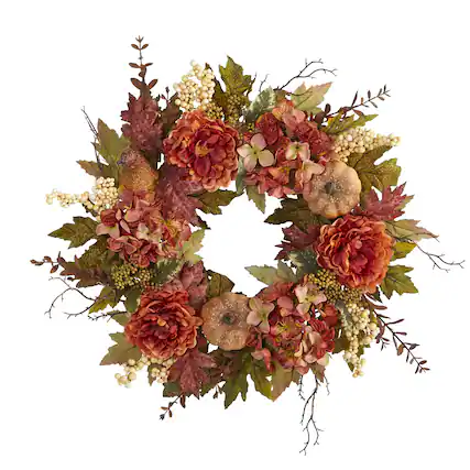 Front. BreeBe - 24" Peony Hydrangea and Pumpkin Fall Artificial Wreath - Multi.
