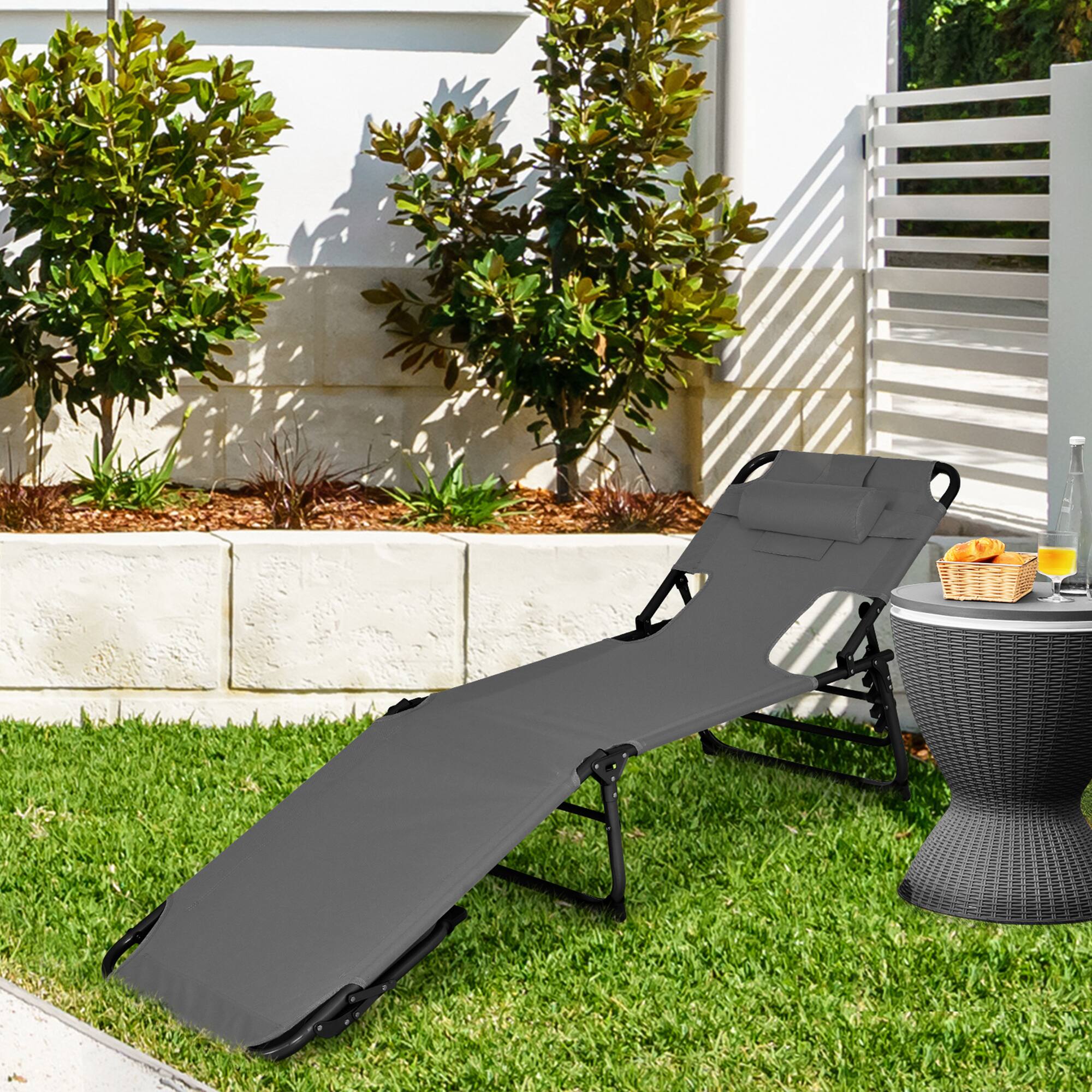 Alt View 4. Gymax - Gymax Set of 2 Beach Chaise Lounge Chair Folding Reclining Chair w/ Facing Hole Grey - Grey.