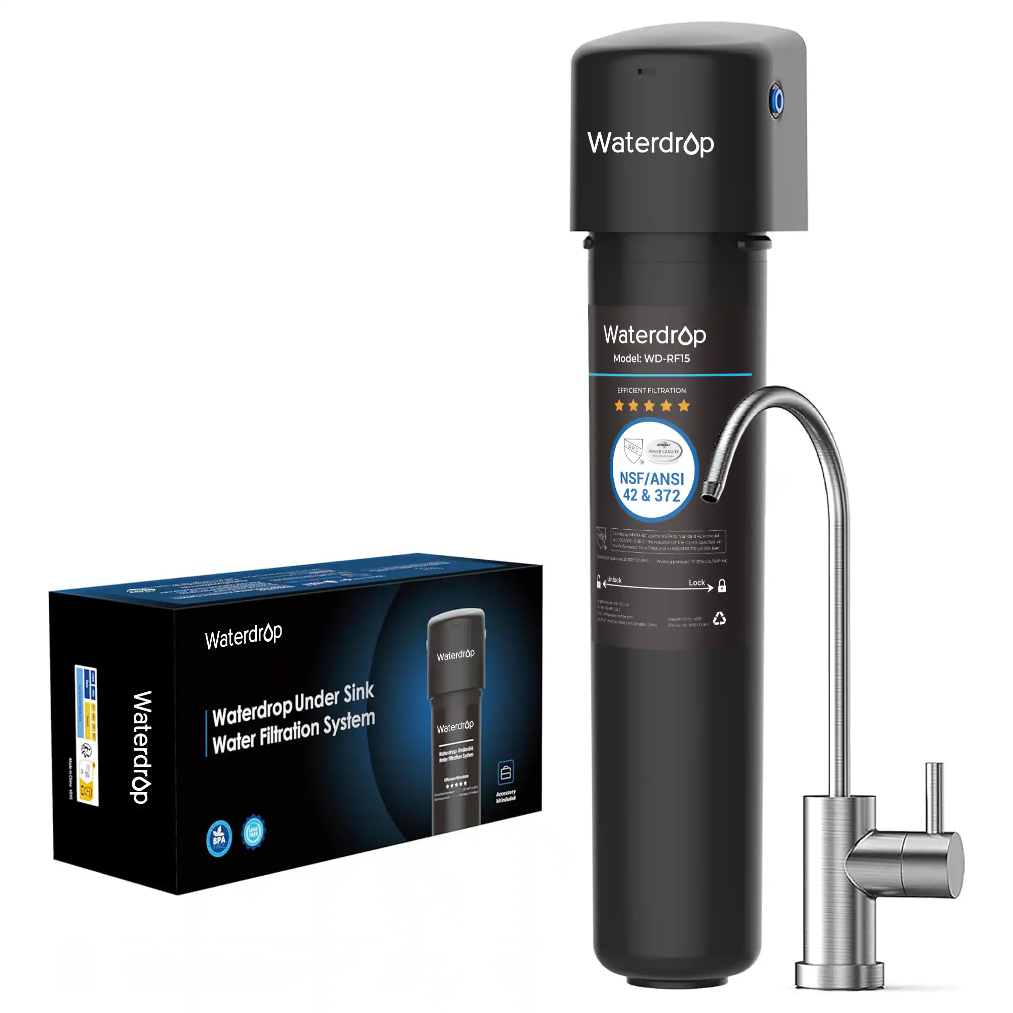 Waterdrop - 15UB Under Sink Water Filter, Under Sink Water Filtration System for 2 Years, NSF/ANSI 42 Certified - Black