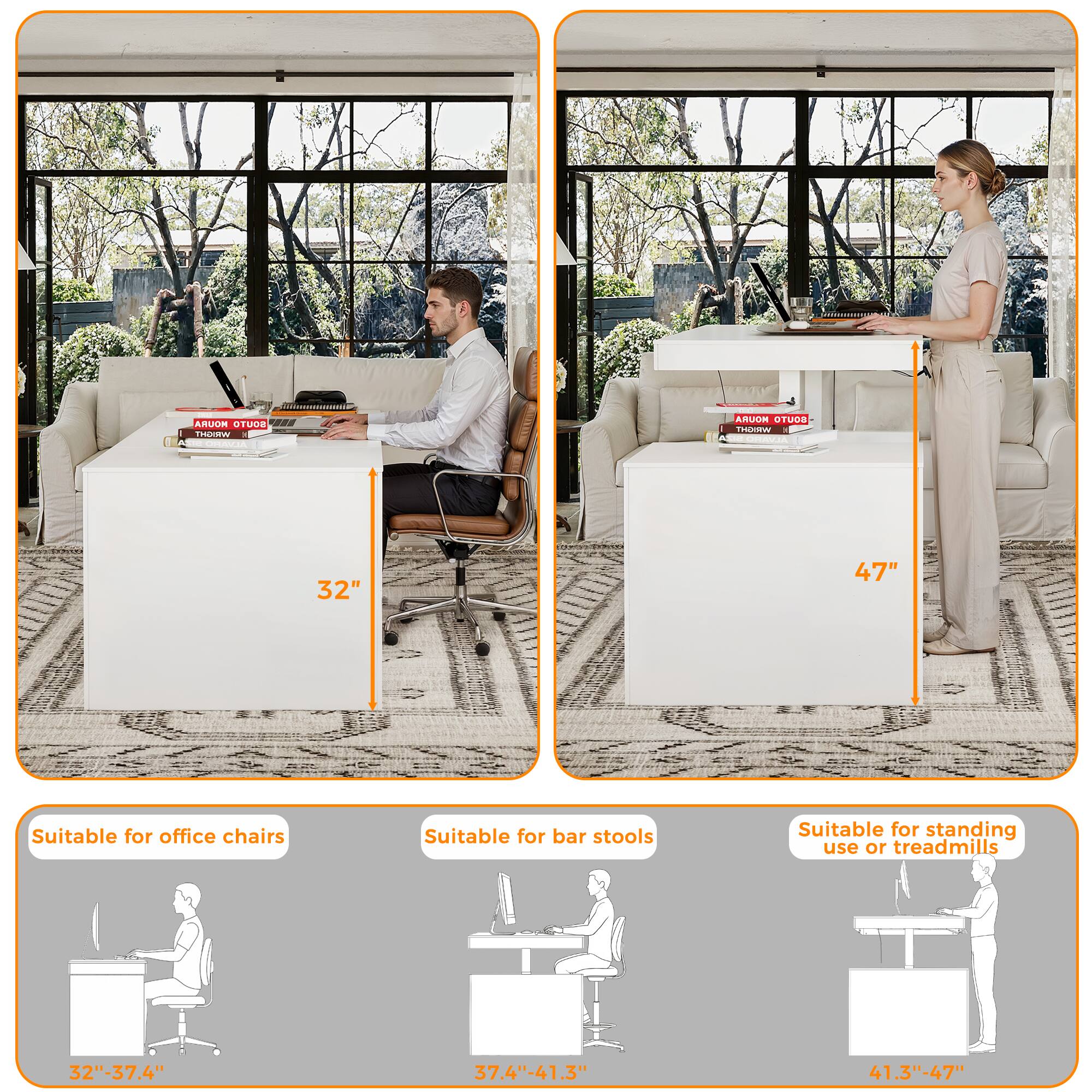 Roura Bouto dda Weght - Moura OtvoB Huhti

Suitable for office chairs
32" - 37.4"

Suitable for bar stools
37.4" - 41.3"

Suitable for standing use or treadmills
41.3" - 47"