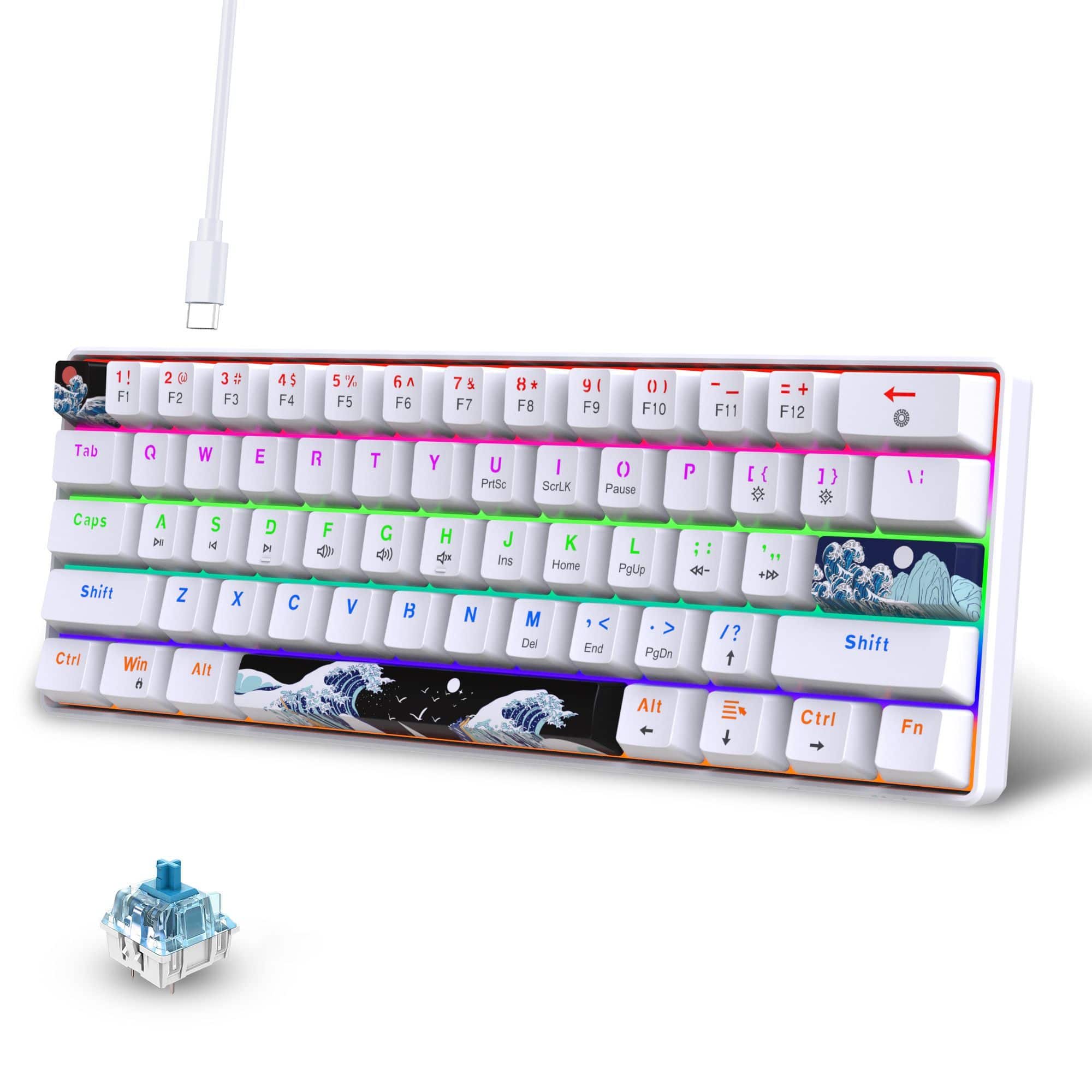 YOKEYS - 60% Percent Mechanical Keyboard RGB Gaming Keyboard 61Keys Mini Wired Keyboard with blue Switch for Win/Mac PC Gamer - White