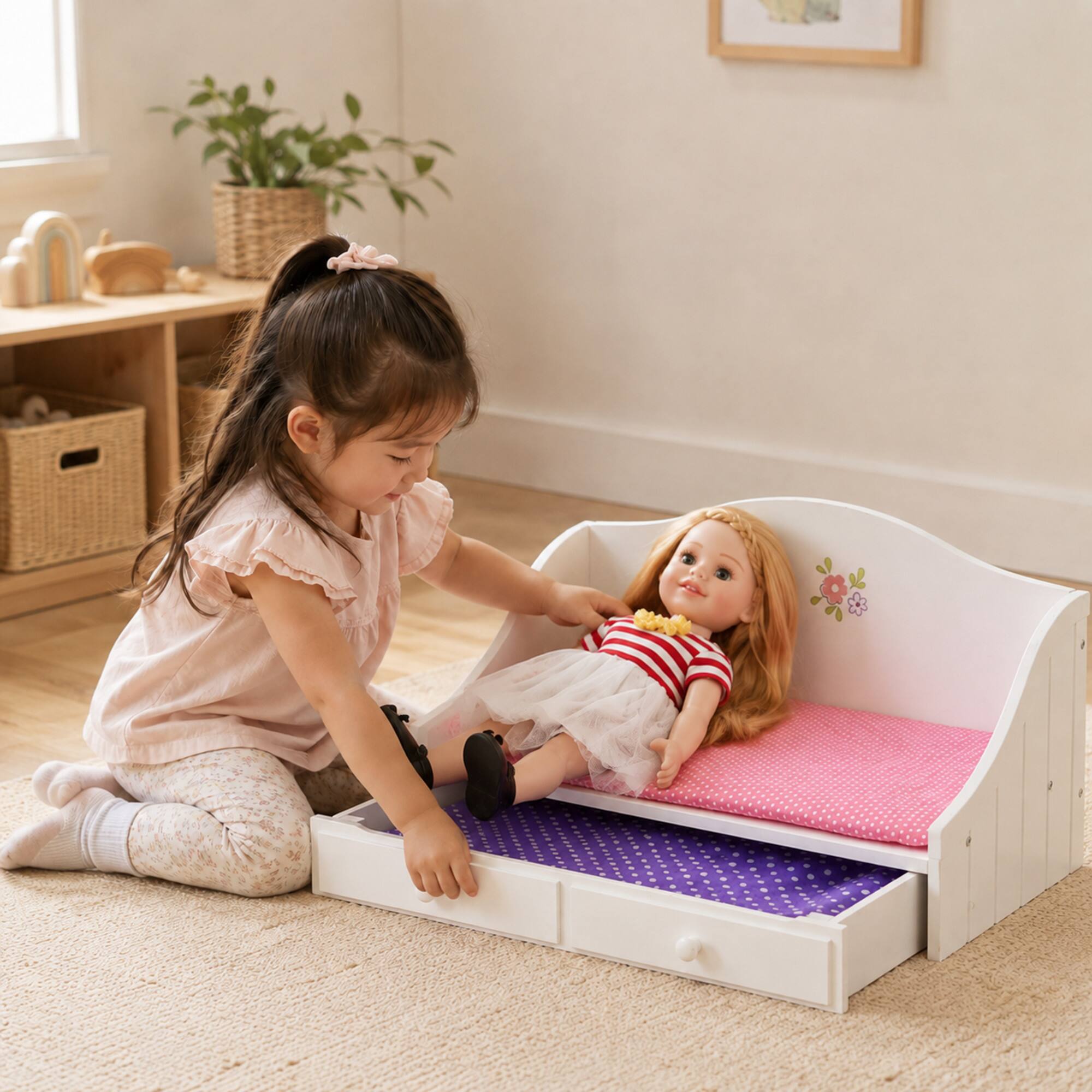 Alt View 1. Teamson Kids - Doll White Trundle Bed with Pink Bedding.