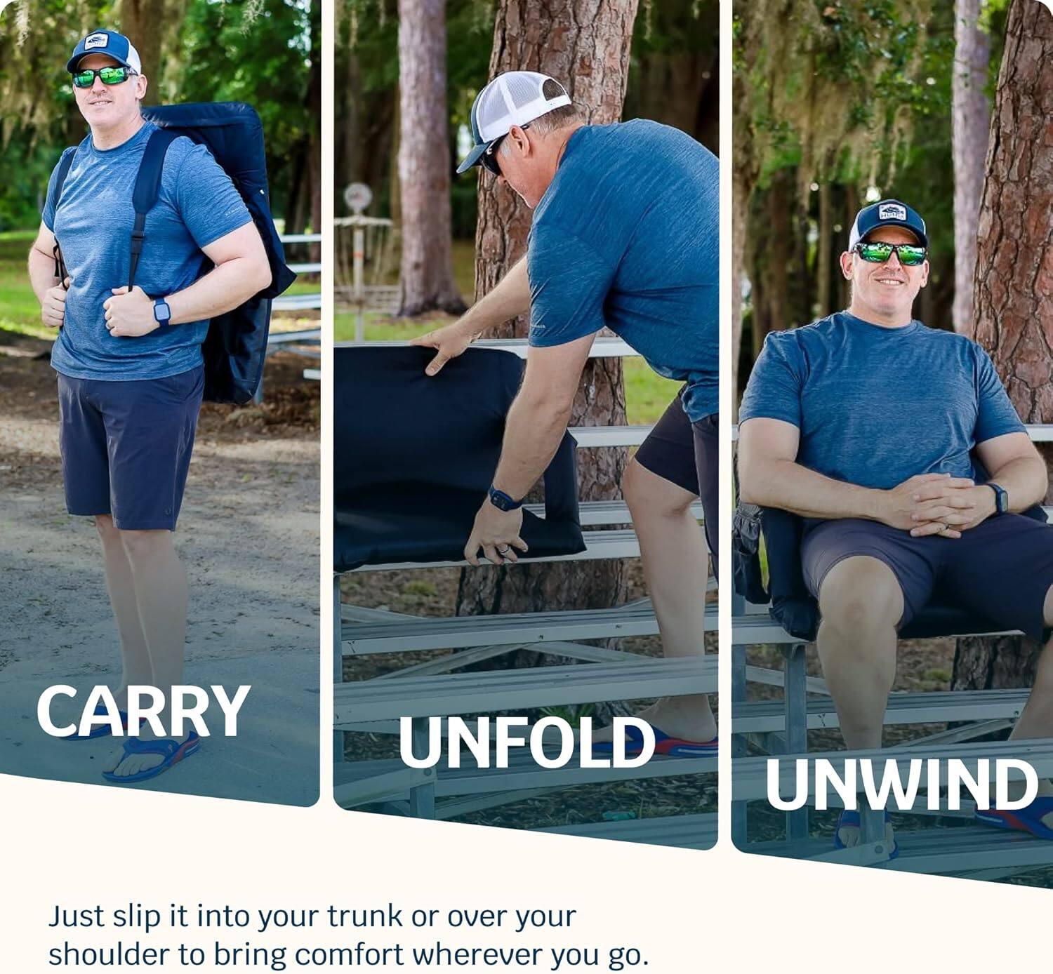 CARRY  
UNFOLD  
UNWIND  

Just slip it into your trunk or over your shoulder to bring comfort wherever you go.