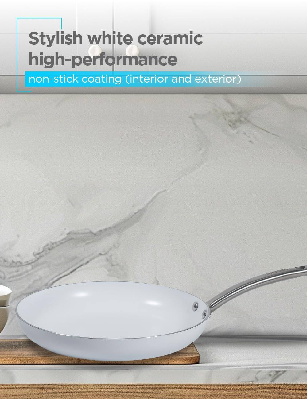 Stylish white ceramic high-performance non-stick coating (interior and exterior)