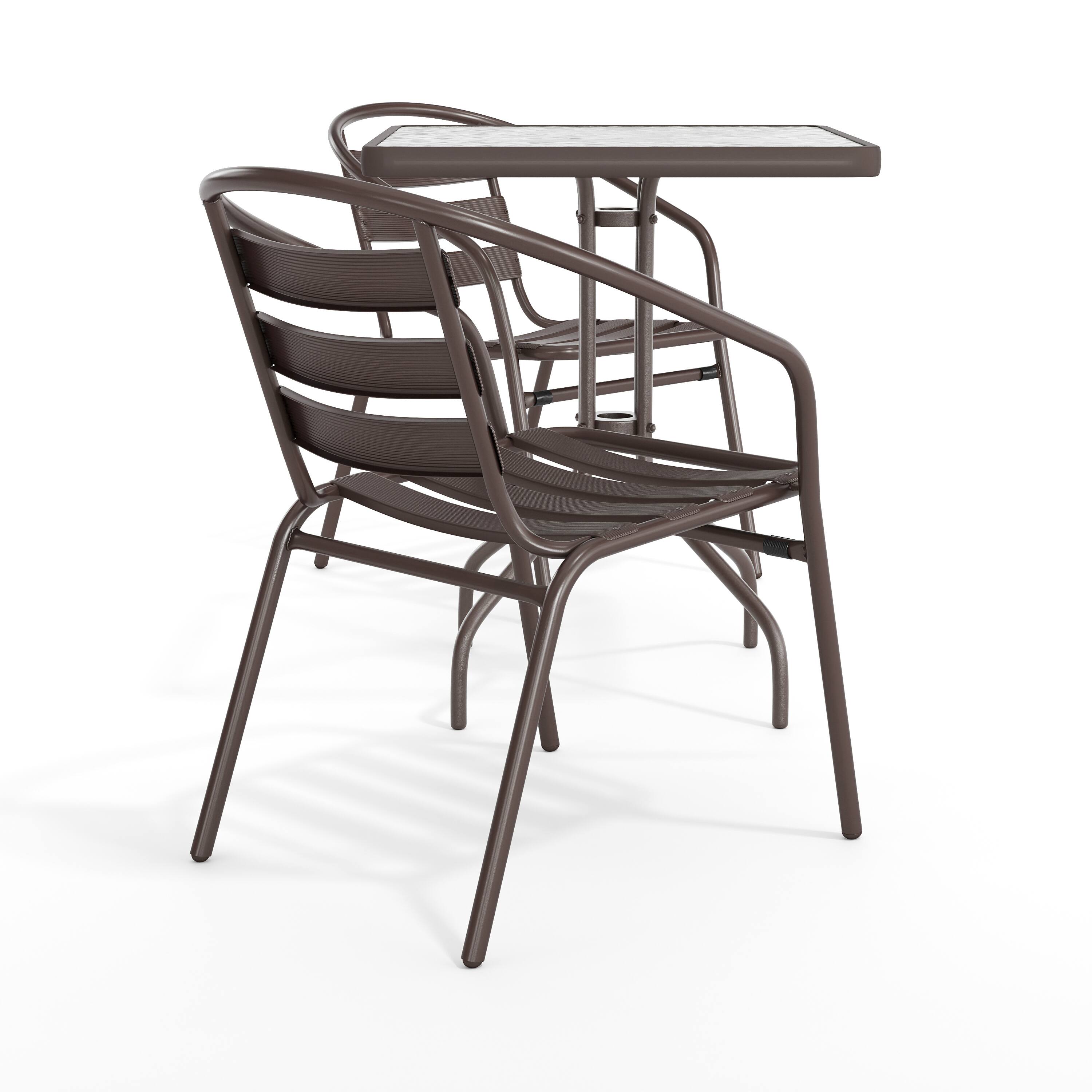 Left. Flash Furniture - Lila 23.5'' Square Glass Top Metal Table with 2 Bronze Aluminum Slat Stack Chairs - Brown.