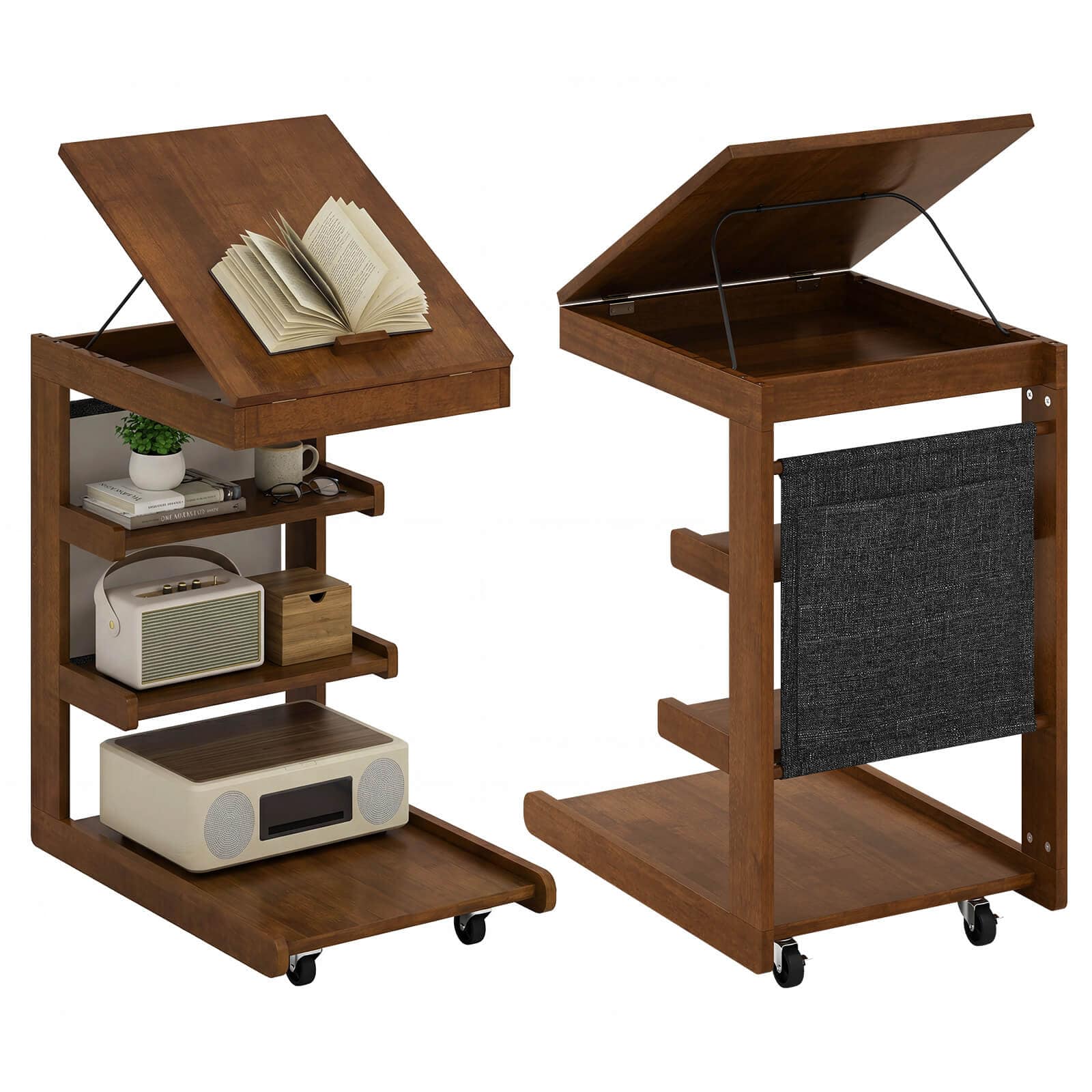 Costway - 2 PCS C-shaped End Table with Wheels Adjustable Desktop Edge Stopper Storage Pocket - Brown