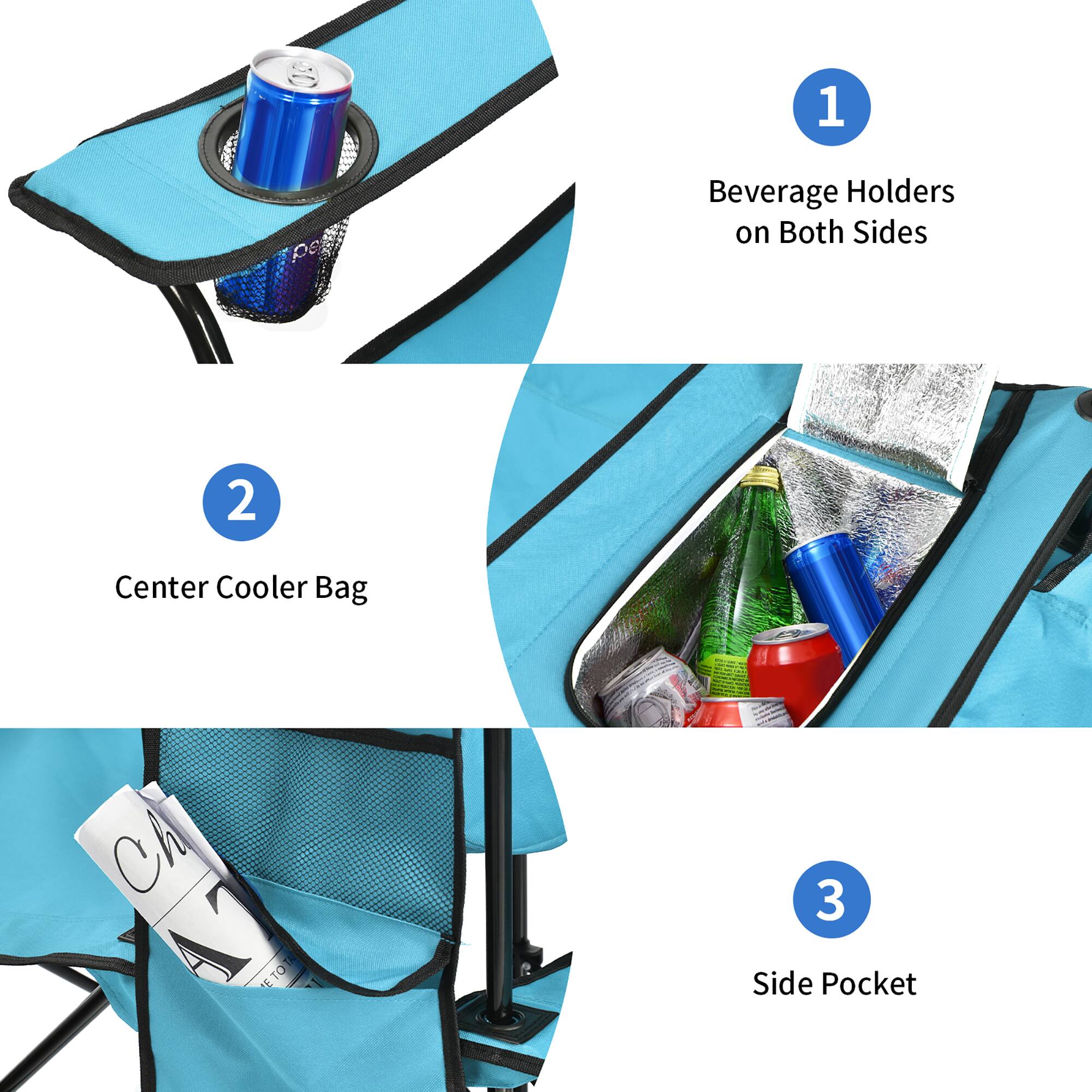 1. Beverage Holders on Both Sides
2. Center Cooler Bag
3. Side Pocket