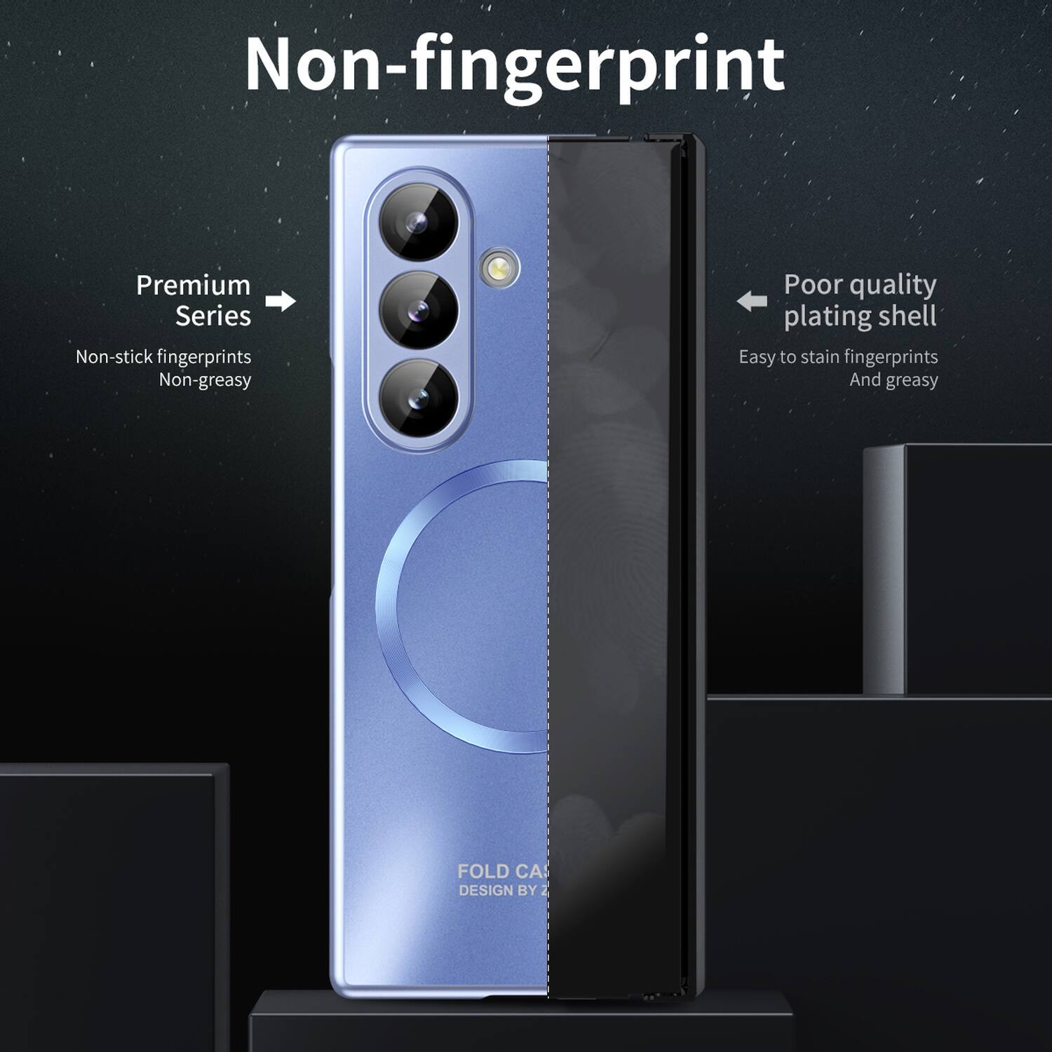 Non-fingerprint

Premium Series
Non-stick fingerprints
Non-greasy

Poor quality plating shell
Easy to stain fingerprints
And greasy

FOLD CASE DESIGN BY 2